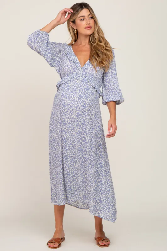 Blue Floral Ruffle V-Neck Maternity Midi Dress sold by Pinkblush