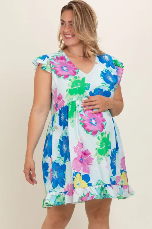 Light Blue Floral Ruffle Accent Maternity Plus Dress sold by Pinkblush