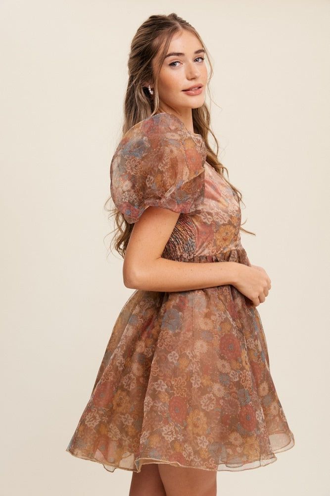 Light Brown Floral Print Organza Balloon Sleeve Mini Dress sold by Pinkblush product image thumbnail 2