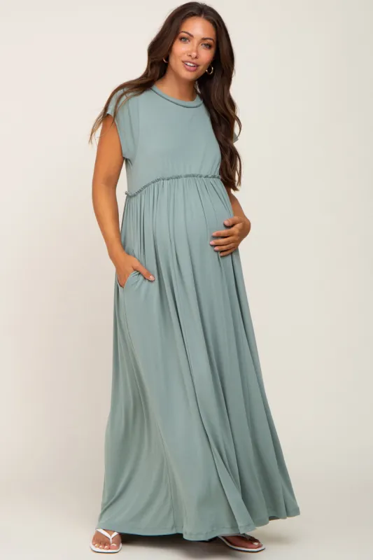 Sage Short Sleeve Babydoll Maternity Maxi Dress sold by Pinkblush