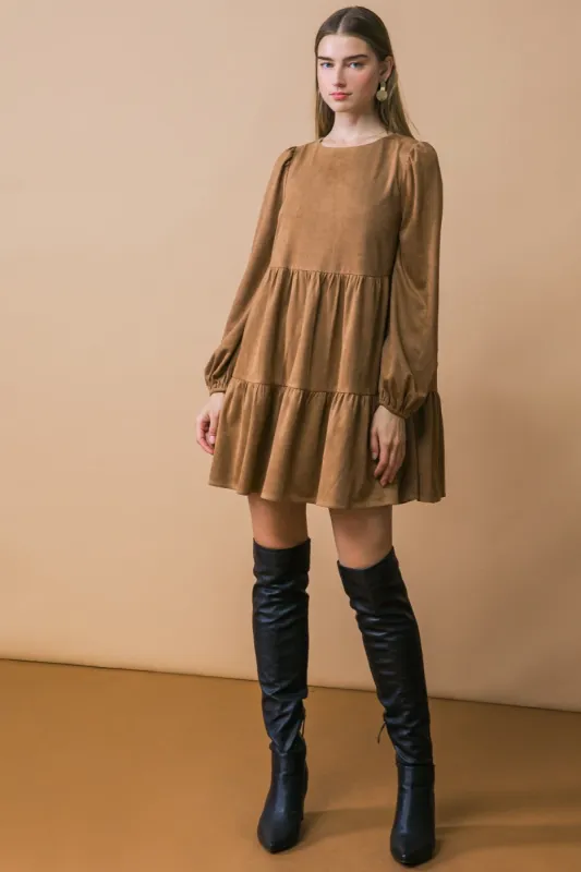 Camel Tiered Long Sleeve Dress sold by Pinkblush