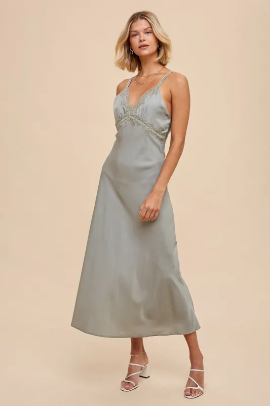 Sage Matte Satin Lace Slip Dress sold by Pinkblush
