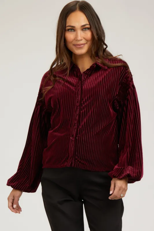 Burgundy Velvet Ribbed Collared Long Sleeve Maternity Blouse sold by Pinkblush