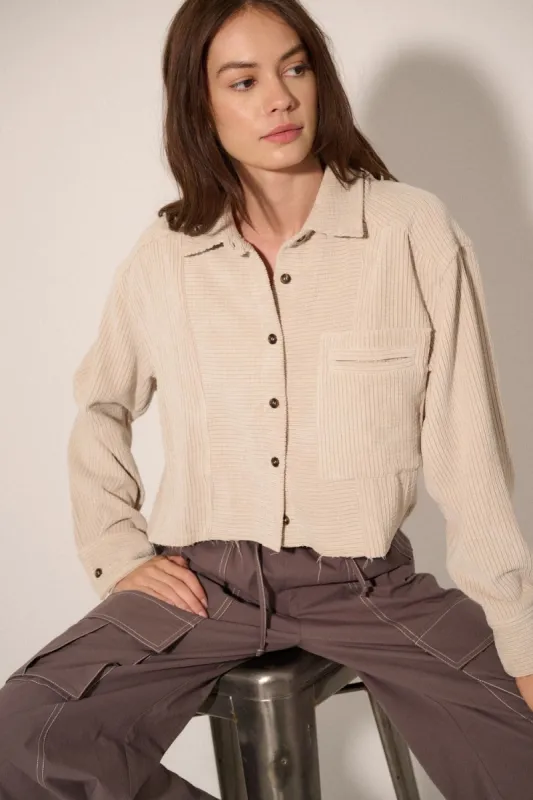 Cream Corduroy Chest Pocket Raw Edge Hem Shirt sold by Pinkblush