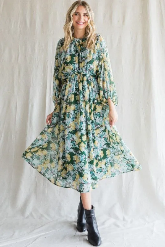 Hunter Green Floral Print Chiffon Midi Dress sold by Pinkblush