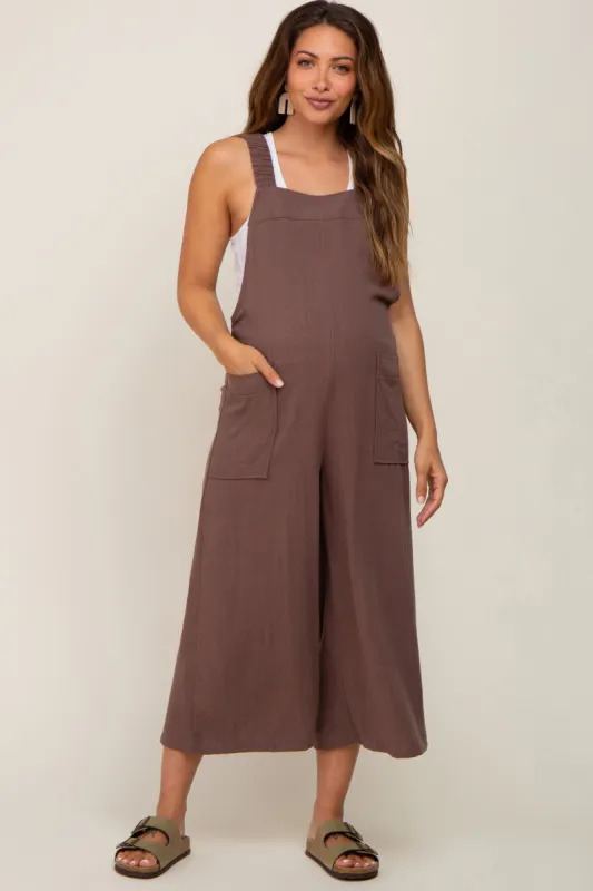 Brown Sleeveless Cropped Maternity Jumpsuit sold by Pinkblush