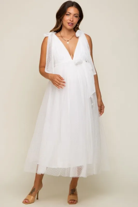 Ivory Dotted Tulle Deep V-Neck Shoulder Tie Maternity Midi Dress sold by Pinkblush