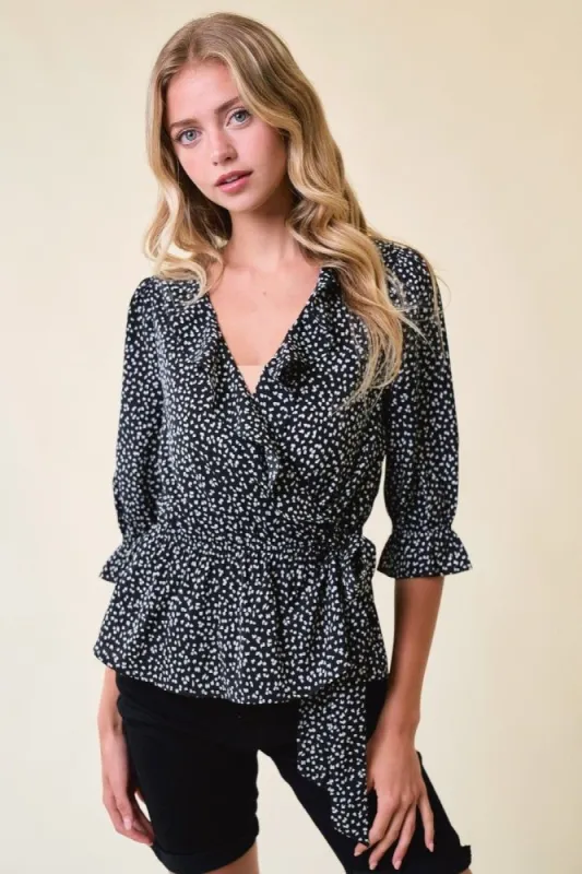 Black Ruffle Wrap Leopard Blouse sold by Pinkblush