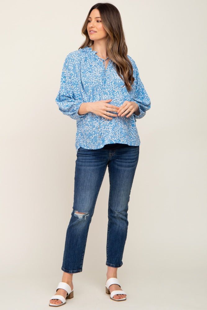 Aqua Floral Ruffle Neck Maternity Blouse sold by Pinkblush product image thumbnail 4