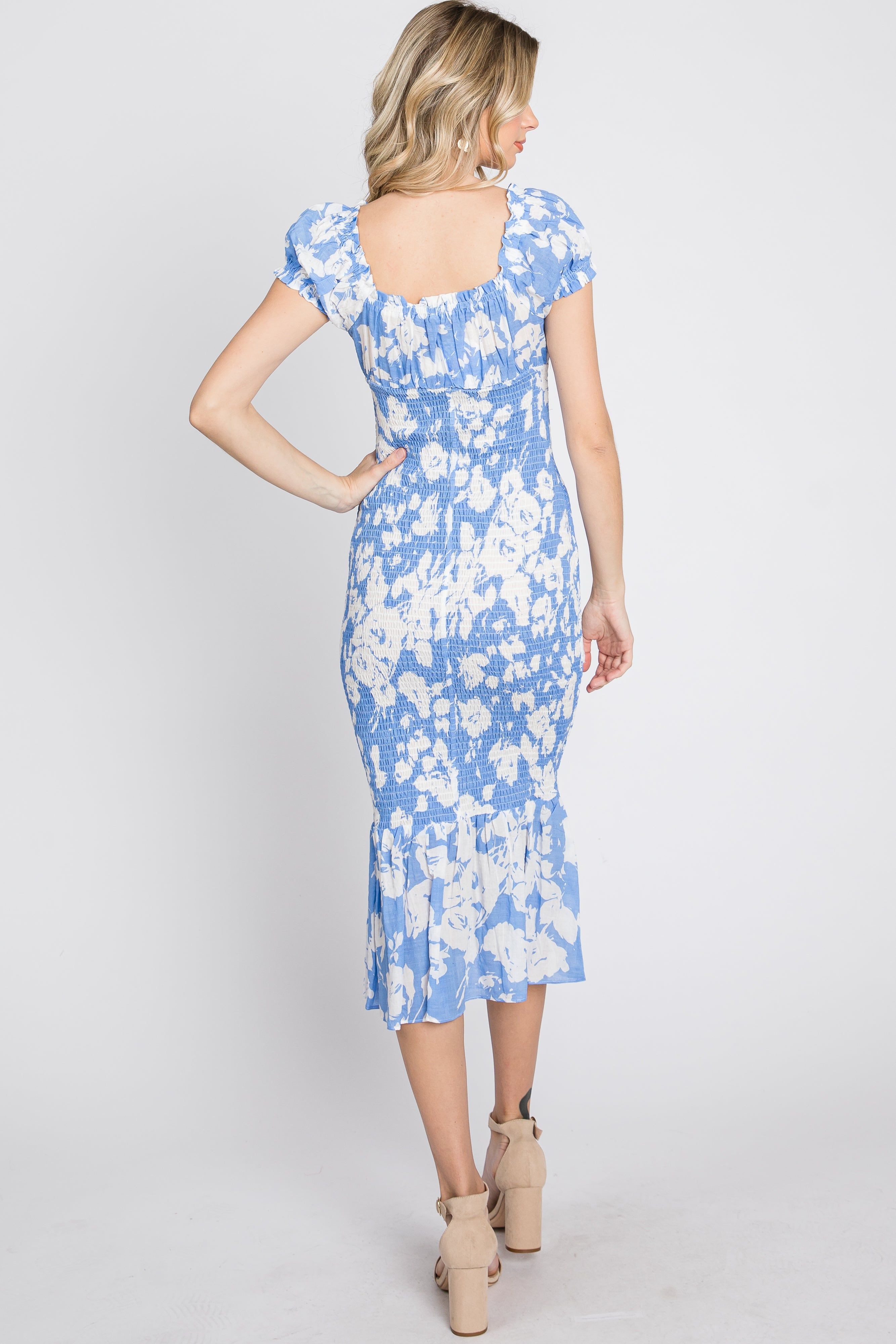 Blue Floral Smocked Off Shoulder Fitted Dress sold by Pinkblush product image thumbnail 8