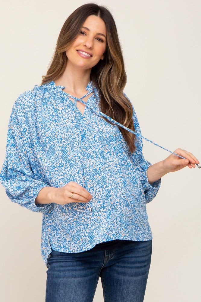 Aqua Floral Ruffle Neck Maternity Blouse sold by Pinkblush
