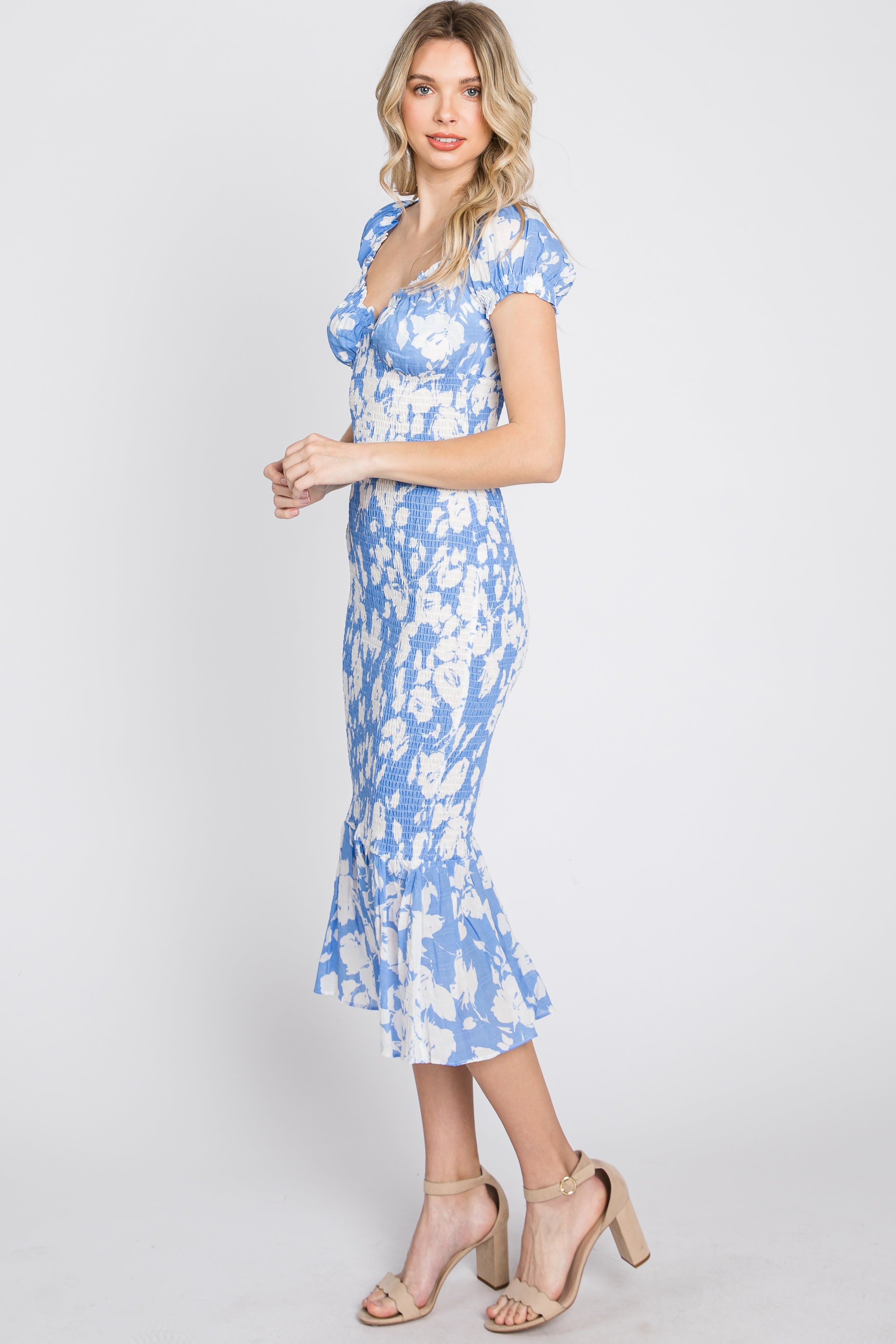 Blue Floral Smocked Off Shoulder Fitted Dress sold by Pinkblush product image thumbnail 5