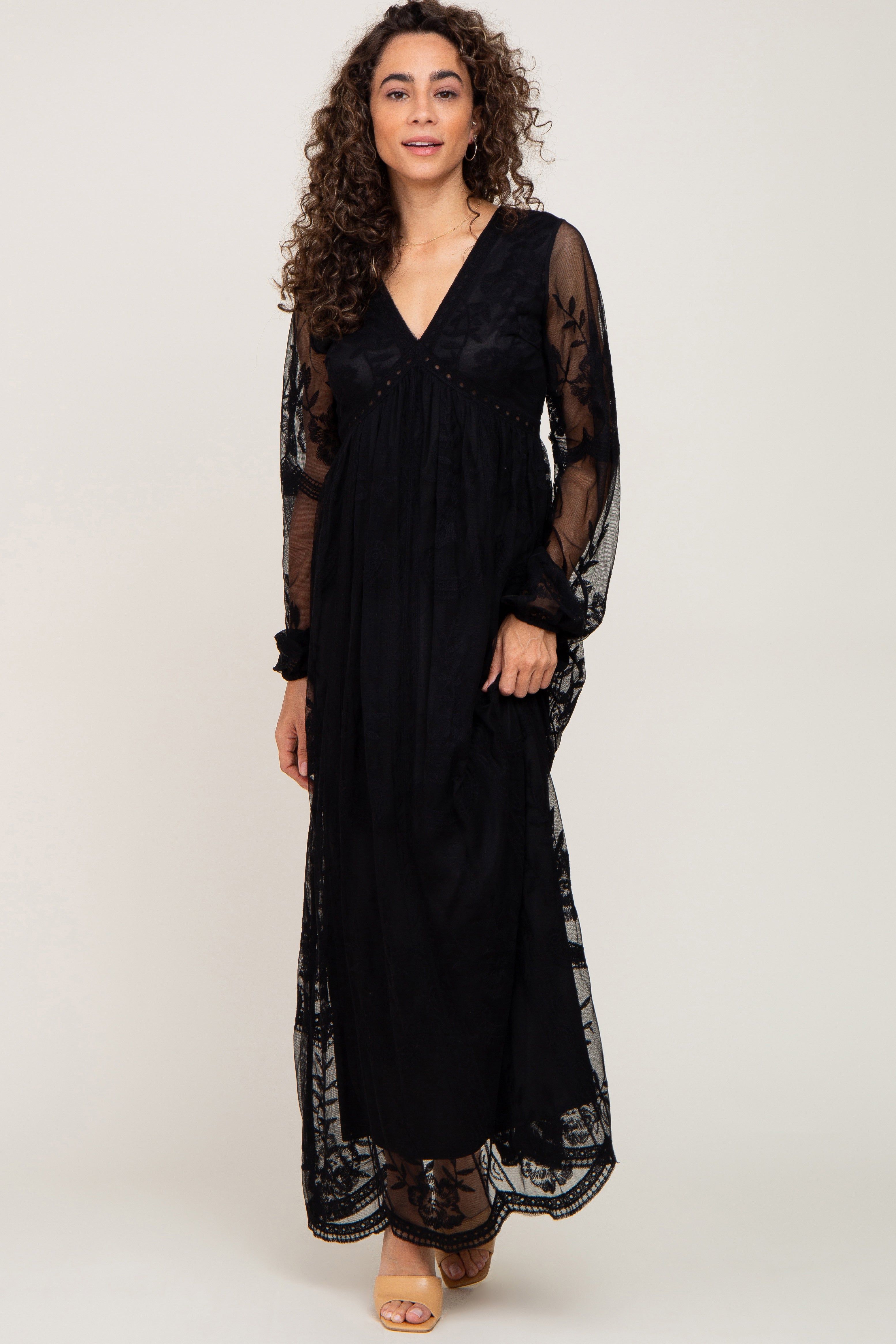 PinkBlush Black Lace Mesh Overlay Long Sleeve Maternity Maxi Dress sold by Pinkblush product image thumbnail 4