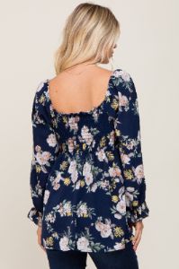 Navy Floral Smocked Long Sleeve Blouse sold by Pinkblush