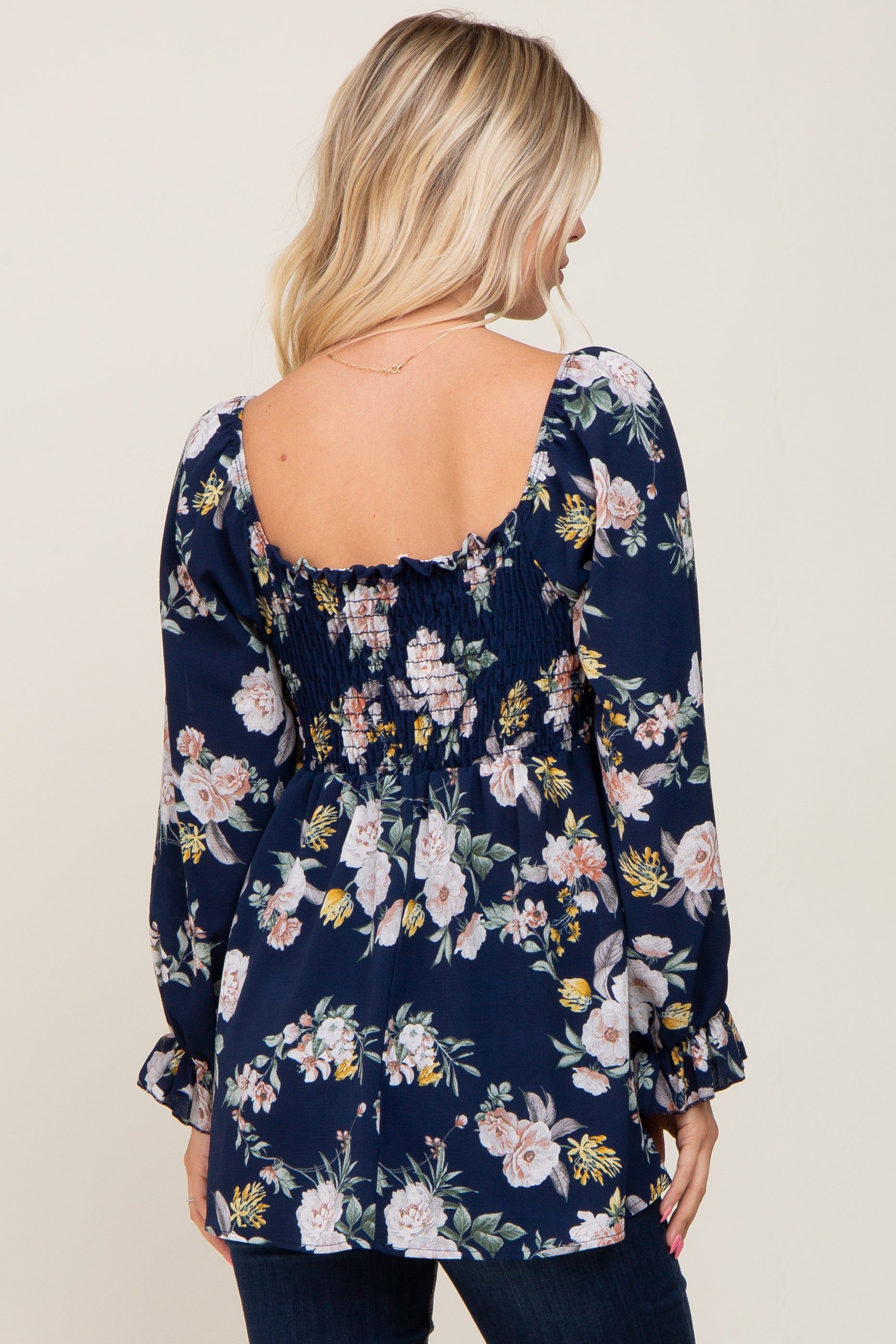 Navy Floral Smocked Long Sleeve Blouse sold by Pinkblush product image thumbnail 3