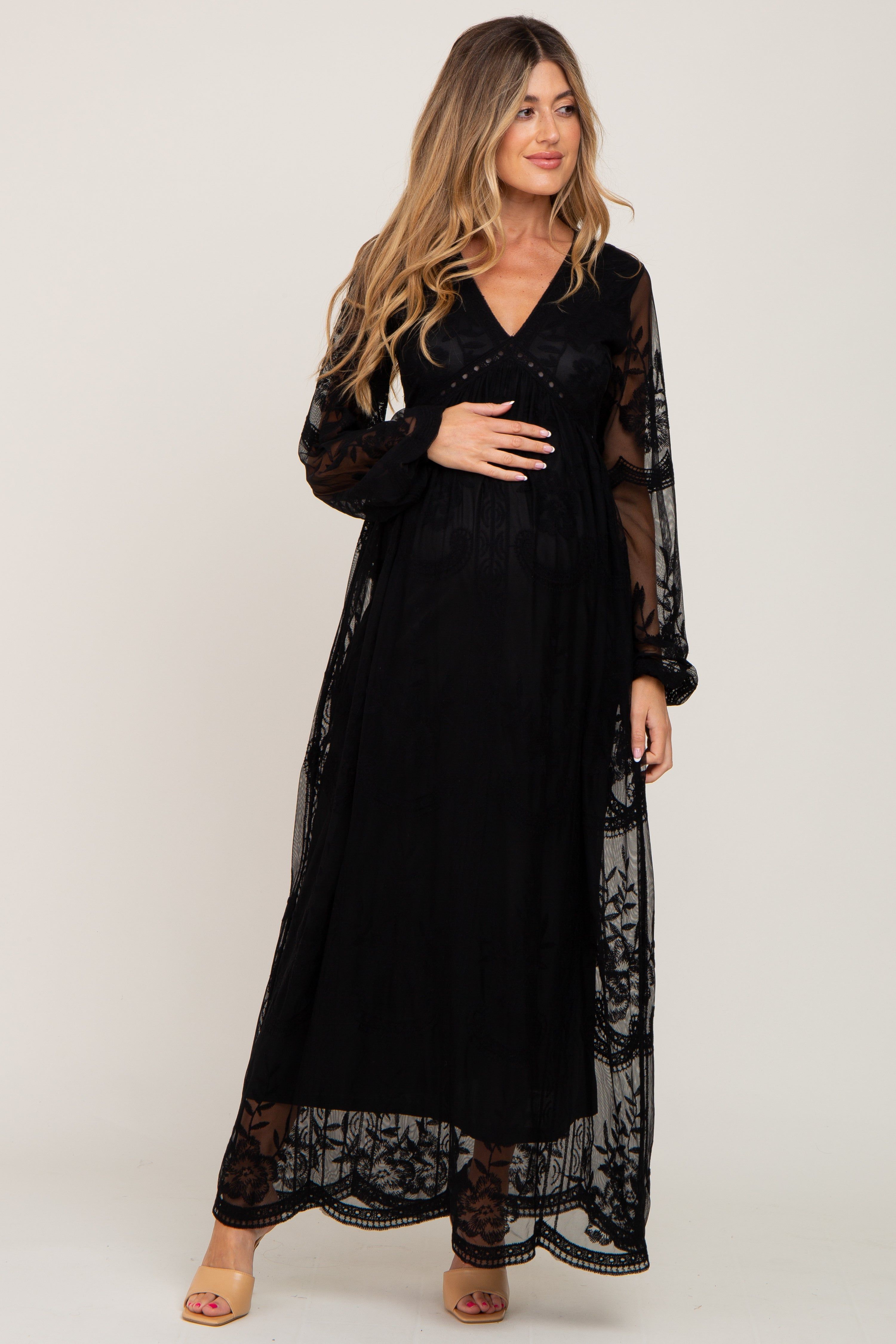 PinkBlush Black Lace Mesh Overlay Long Sleeve Maternity Maxi Dress sold by Pinkblush