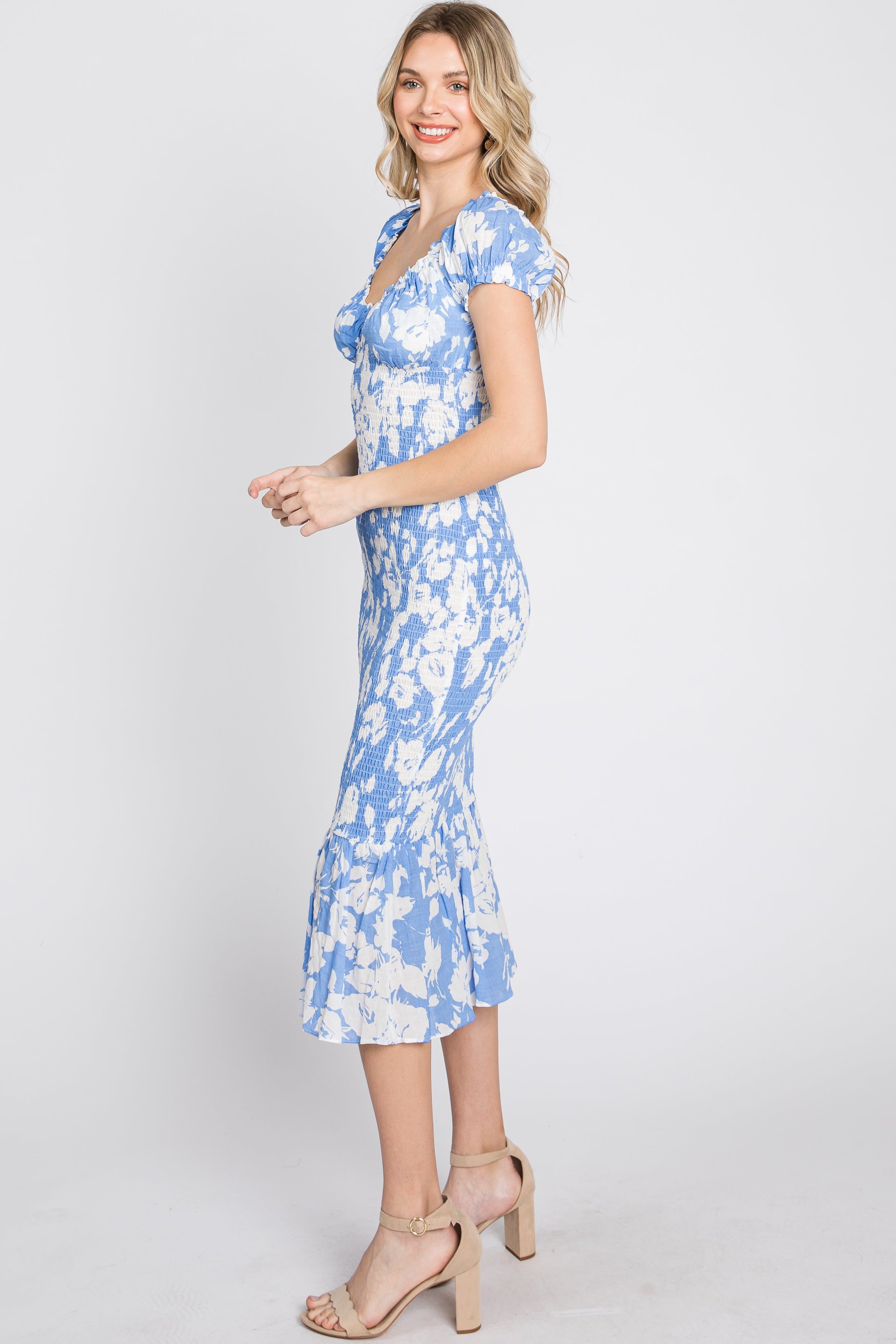 Blue Floral Smocked Off Shoulder Fitted Dress sold by Pinkblush product image thumbnail 6
