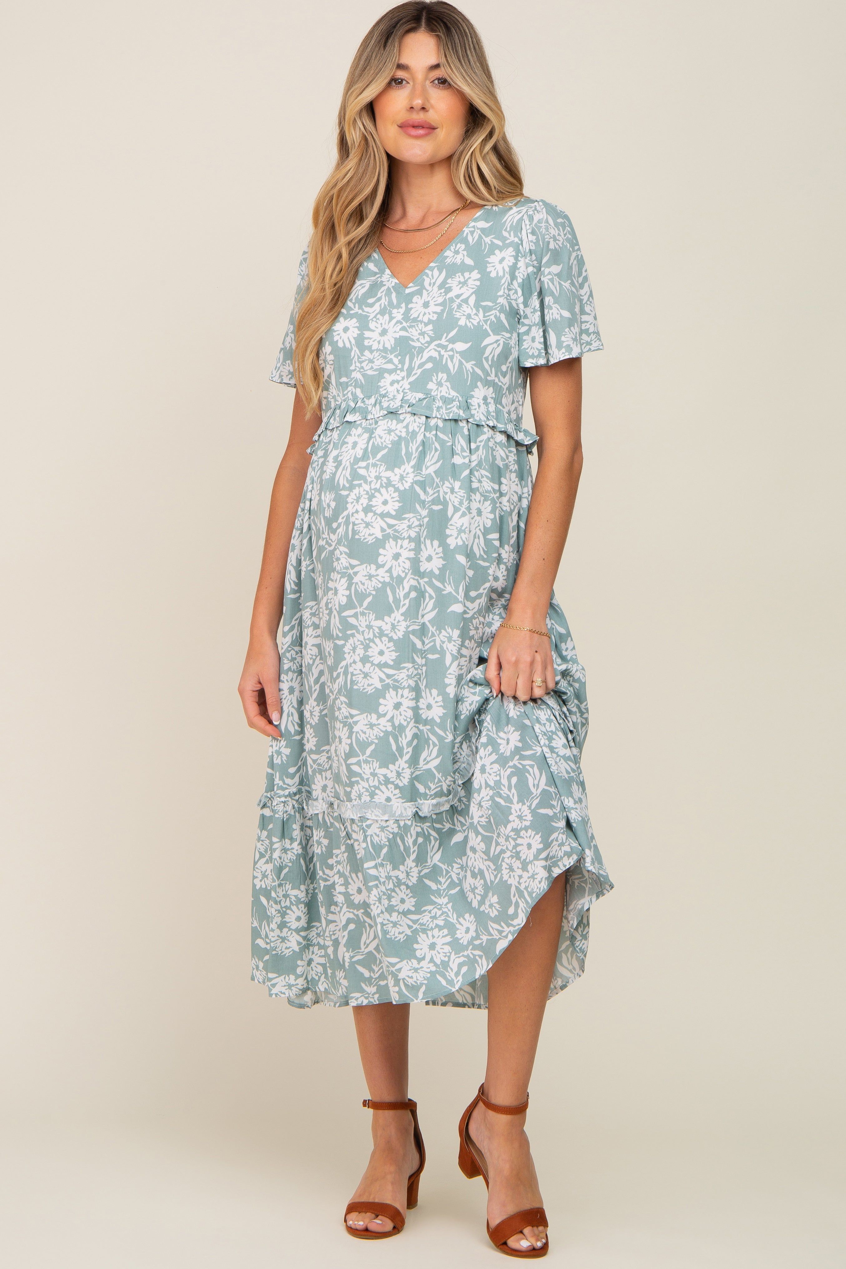 Mint Green Floral V-Neck Maternity Midi Dress sold by Pinkblush product image thumbnail 4