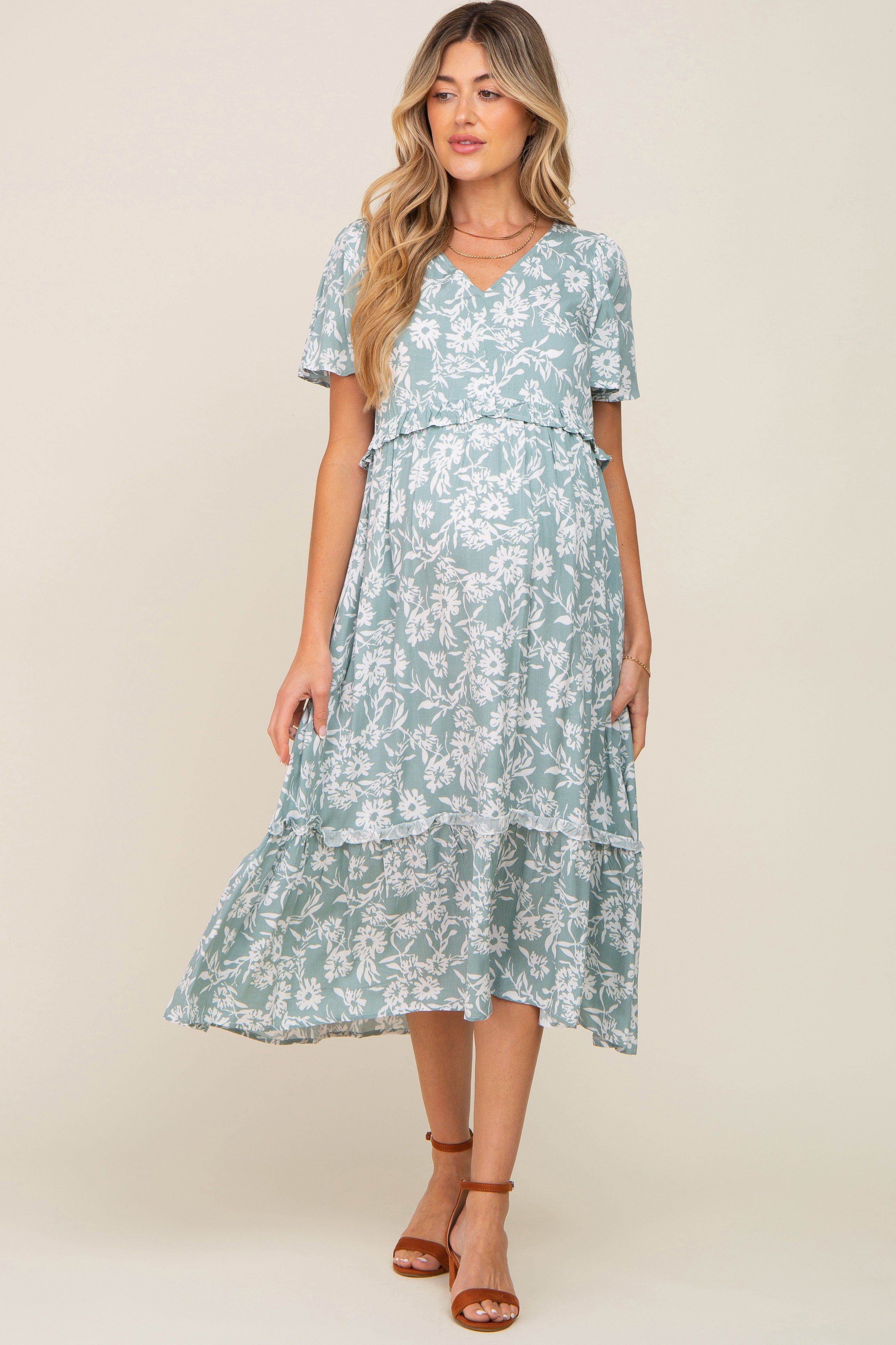 Mint Green Floral V-Neck Maternity Midi Dress sold by Pinkblush