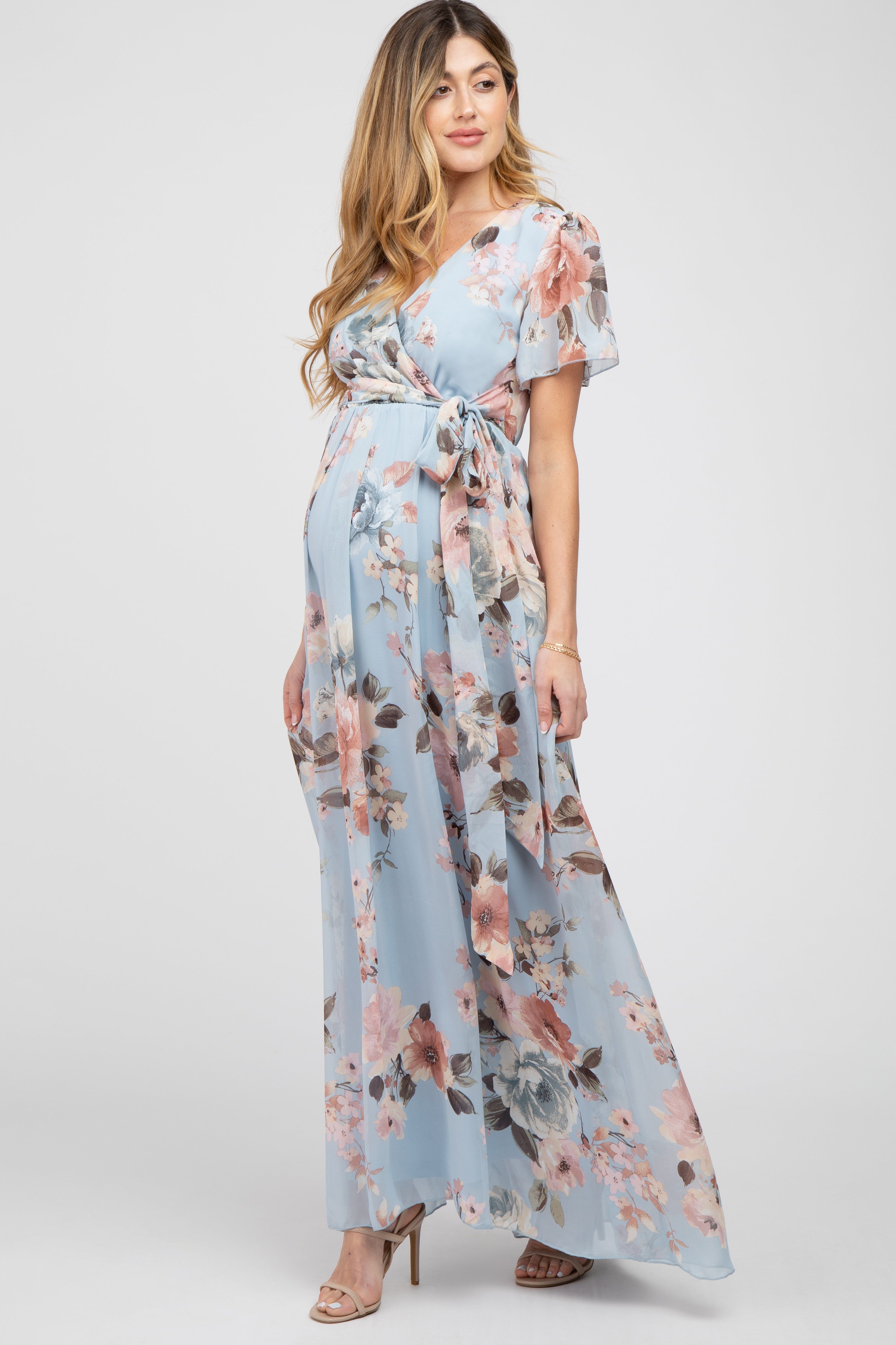 Light Blue Floral Chiffon Wrap Front Short Sleeve Maternity Maxi Dress sold by Pinkblush product image thumbnail 2