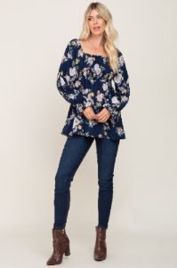 Navy Floral Smocked Long Sleeve Blouse sold by Pinkblush