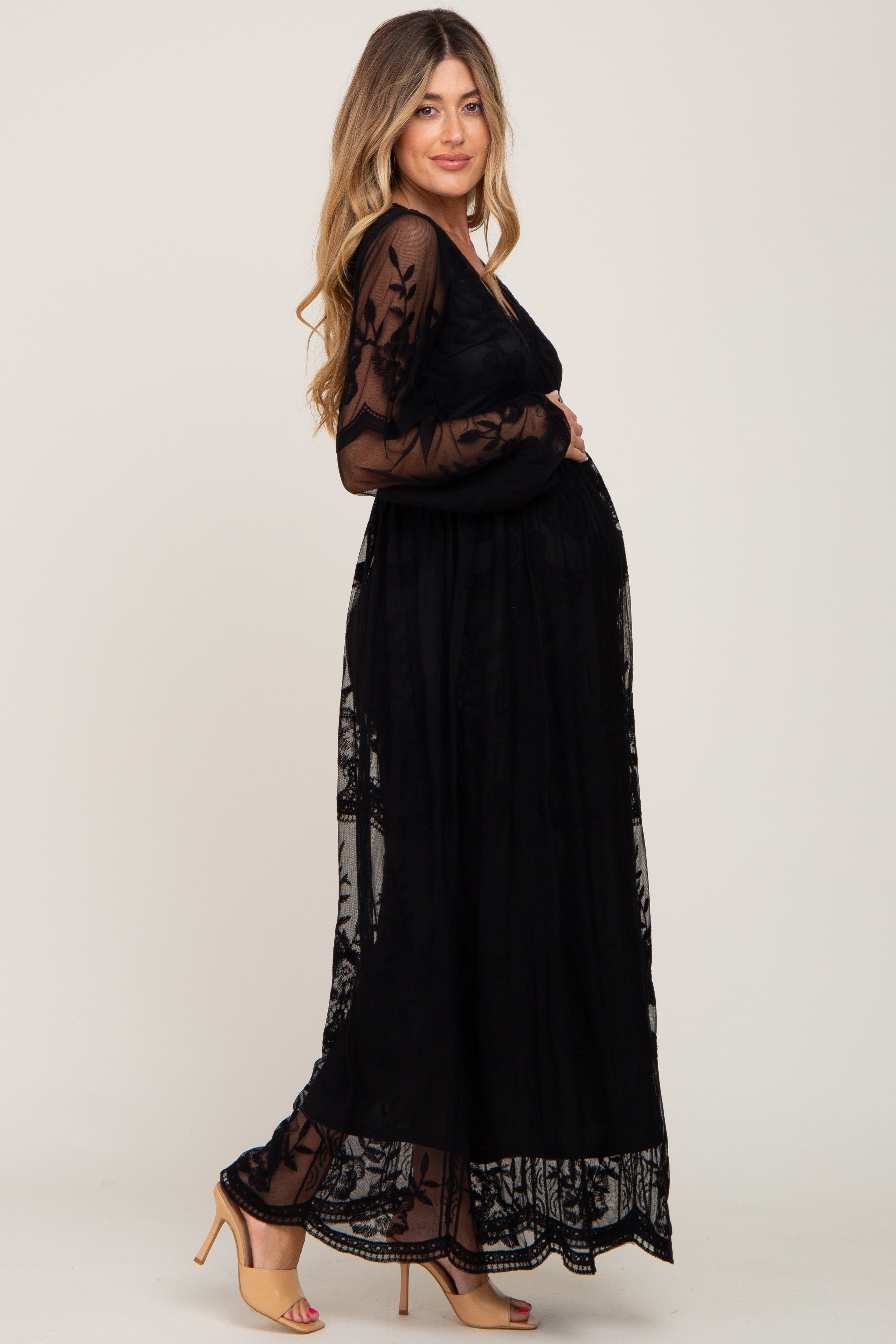 PinkBlush Black Lace Mesh Overlay Long Sleeve Maternity Maxi Dress sold by Pinkblush product image thumbnail 2