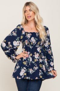 Navy Floral Smocked Long Sleeve Blouse sold by Pinkblush