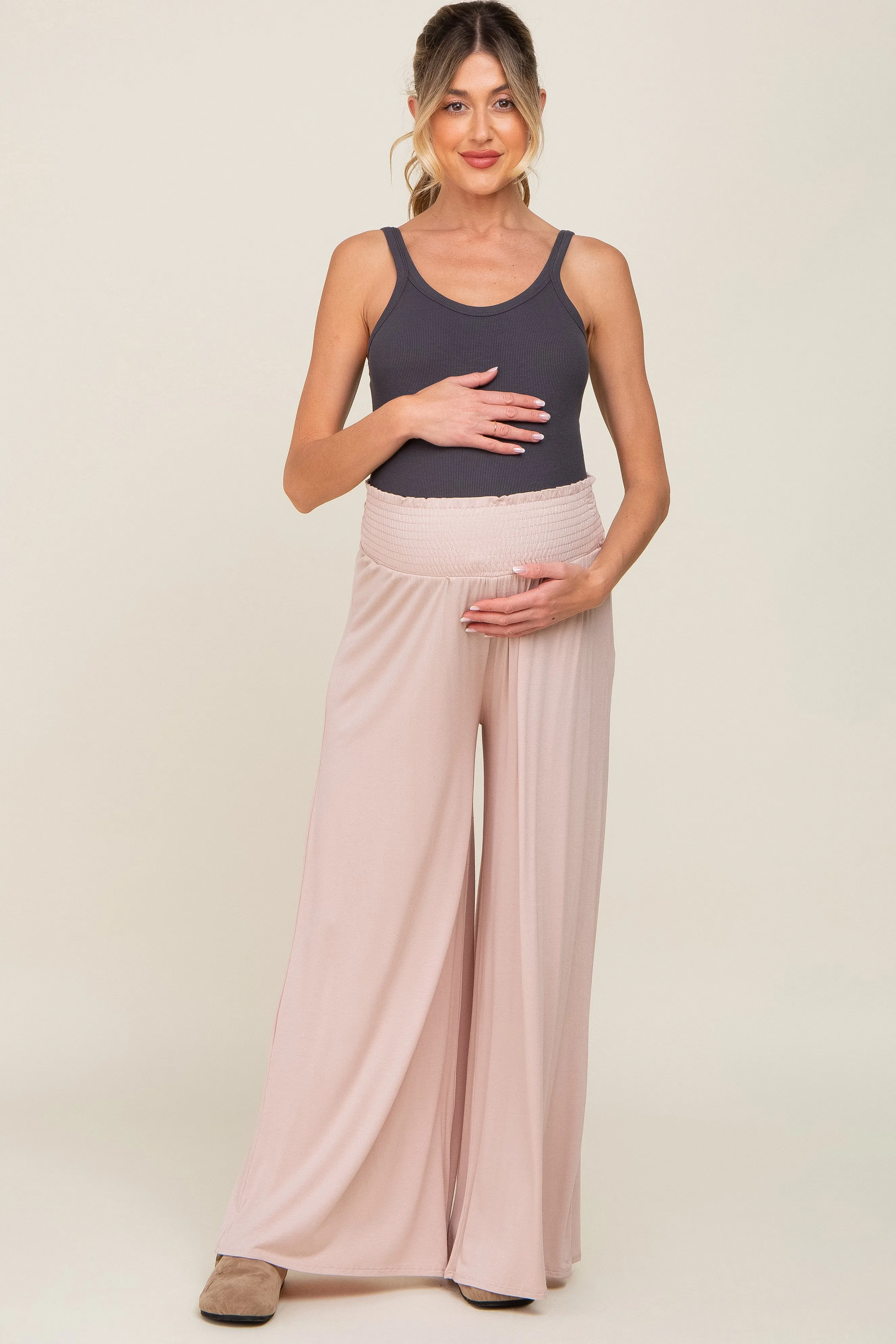 Light Pink Smocked Waist Flowy Maternity Pants sold by Pinkblush