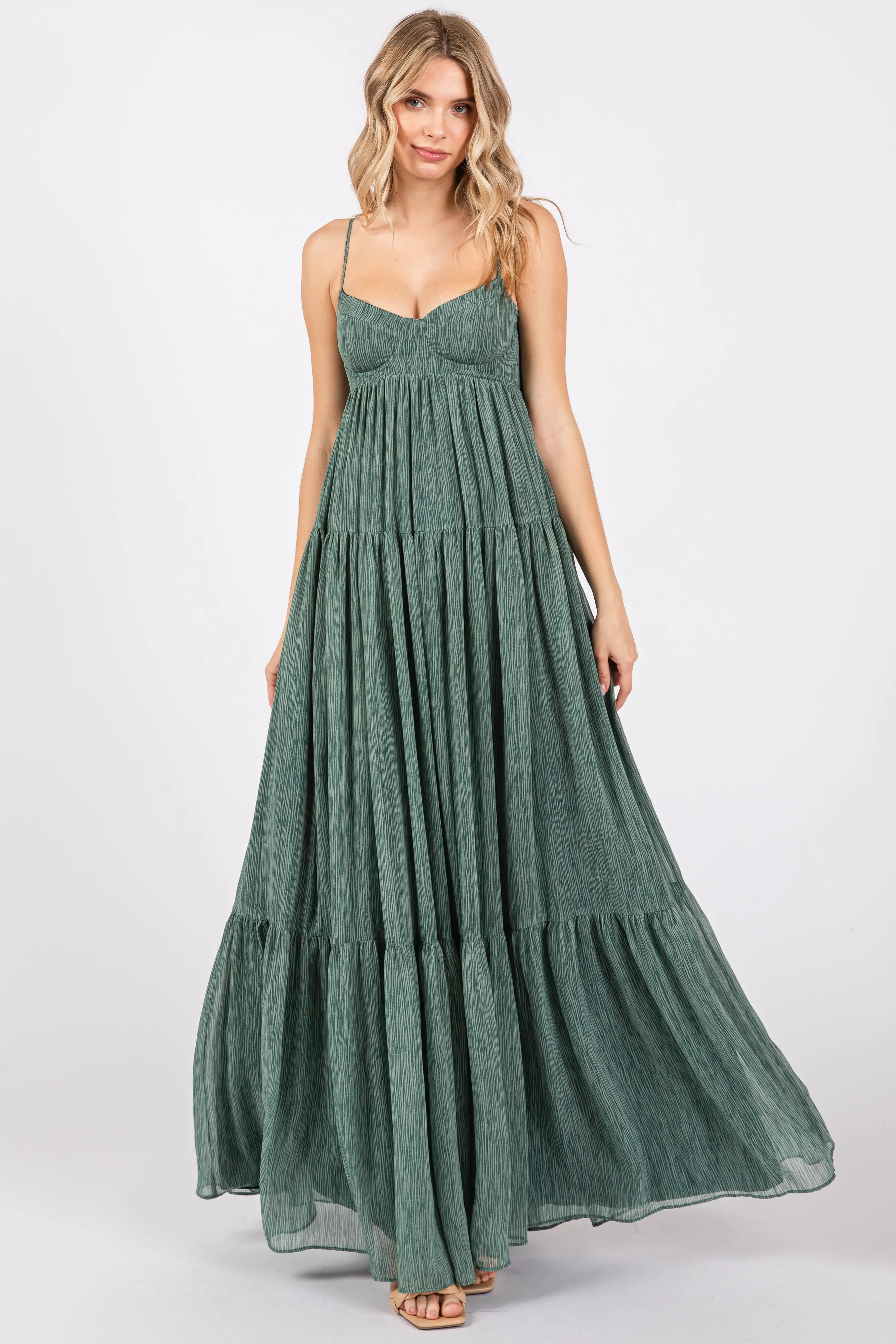 Light Olive Printed Tiered Maxi Dress sold by Pinkblush