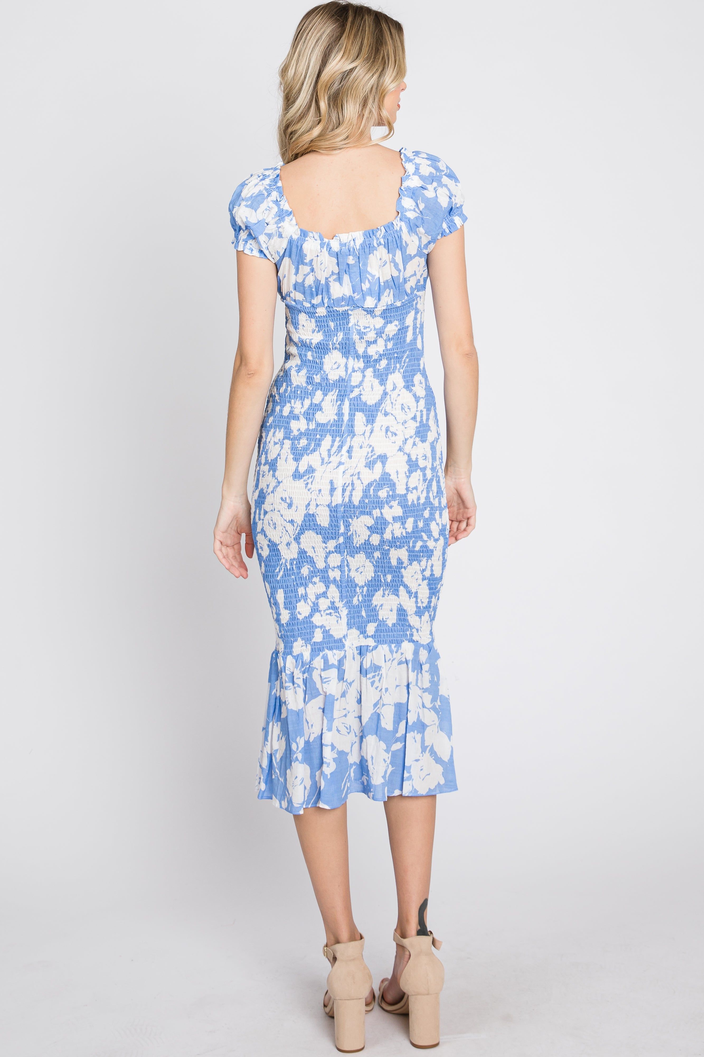 Blue Floral Smocked Off Shoulder Fitted Dress sold by Pinkblush product image thumbnail 7