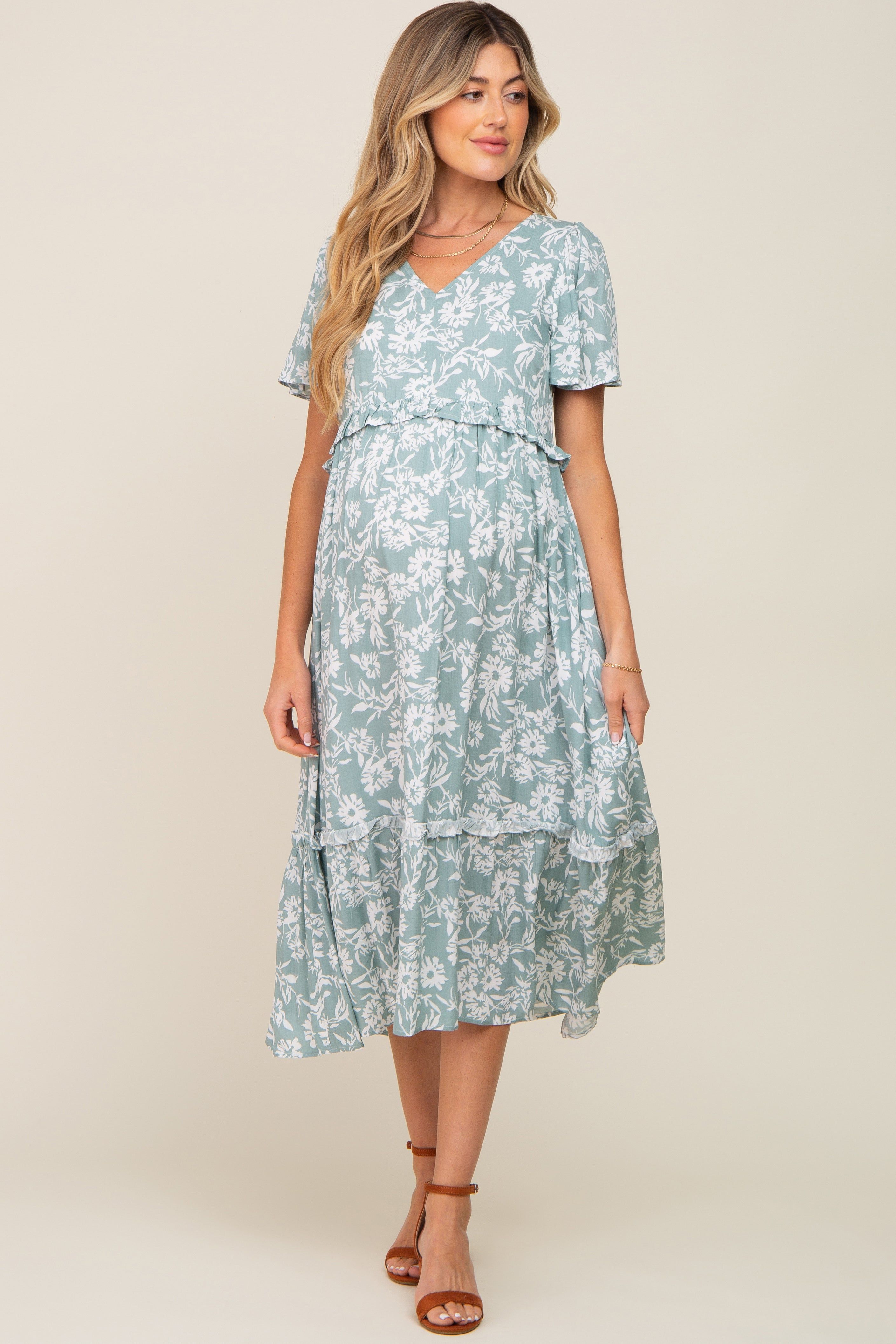 Mint Green Floral V-Neck Maternity Midi Dress sold by Pinkblush product image thumbnail 5