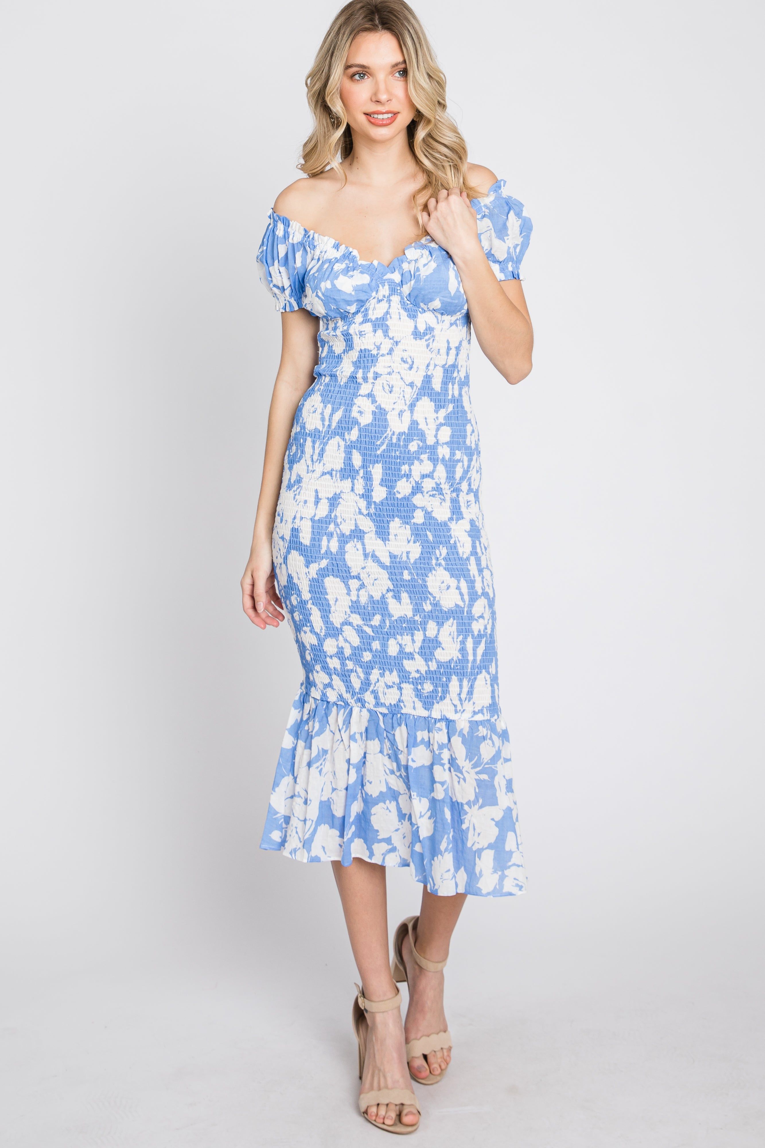 Blue Floral Smocked Off Shoulder Fitted Dress sold by Pinkblush