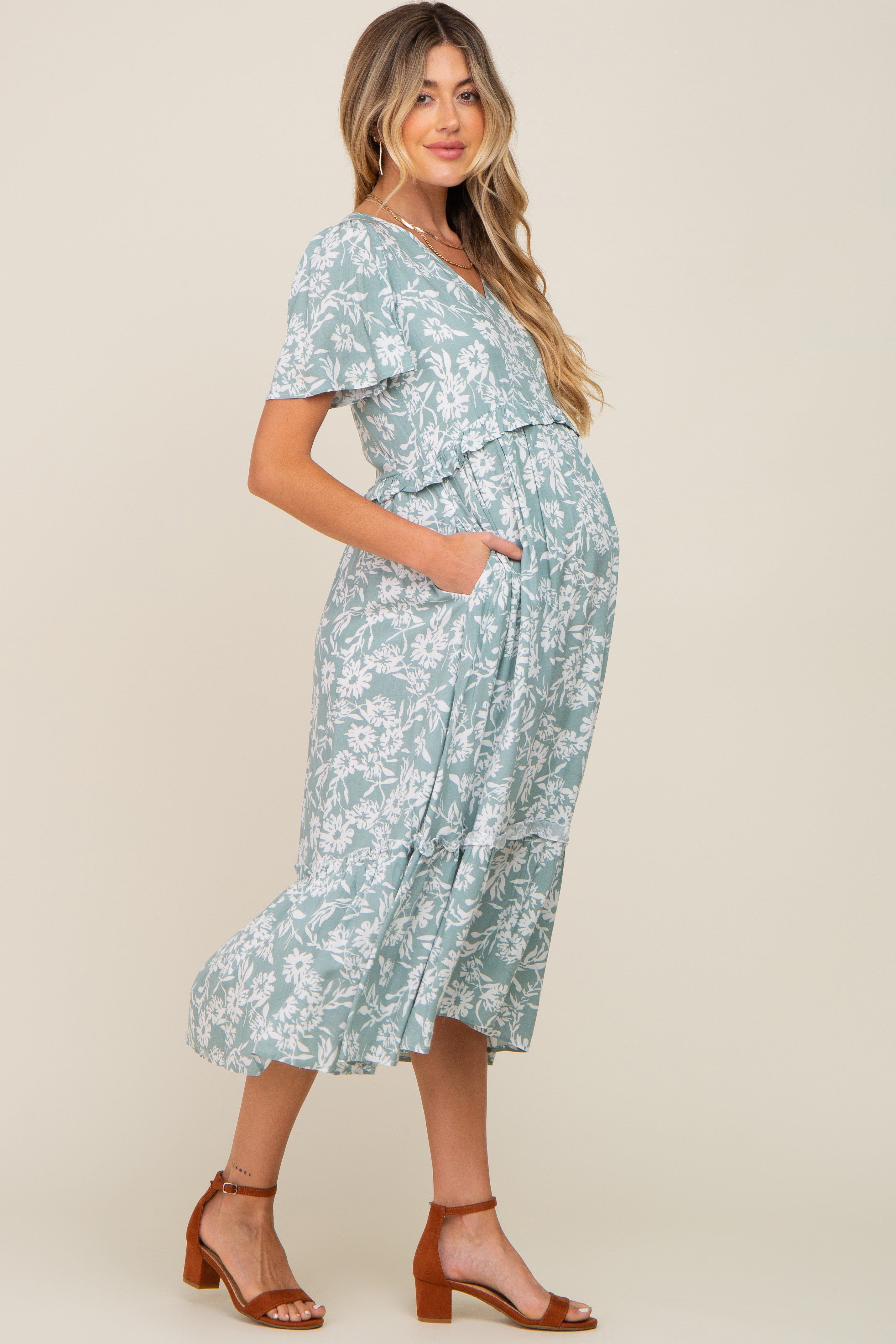Mint Green Floral V-Neck Maternity Midi Dress sold by Pinkblush product image thumbnail 2
