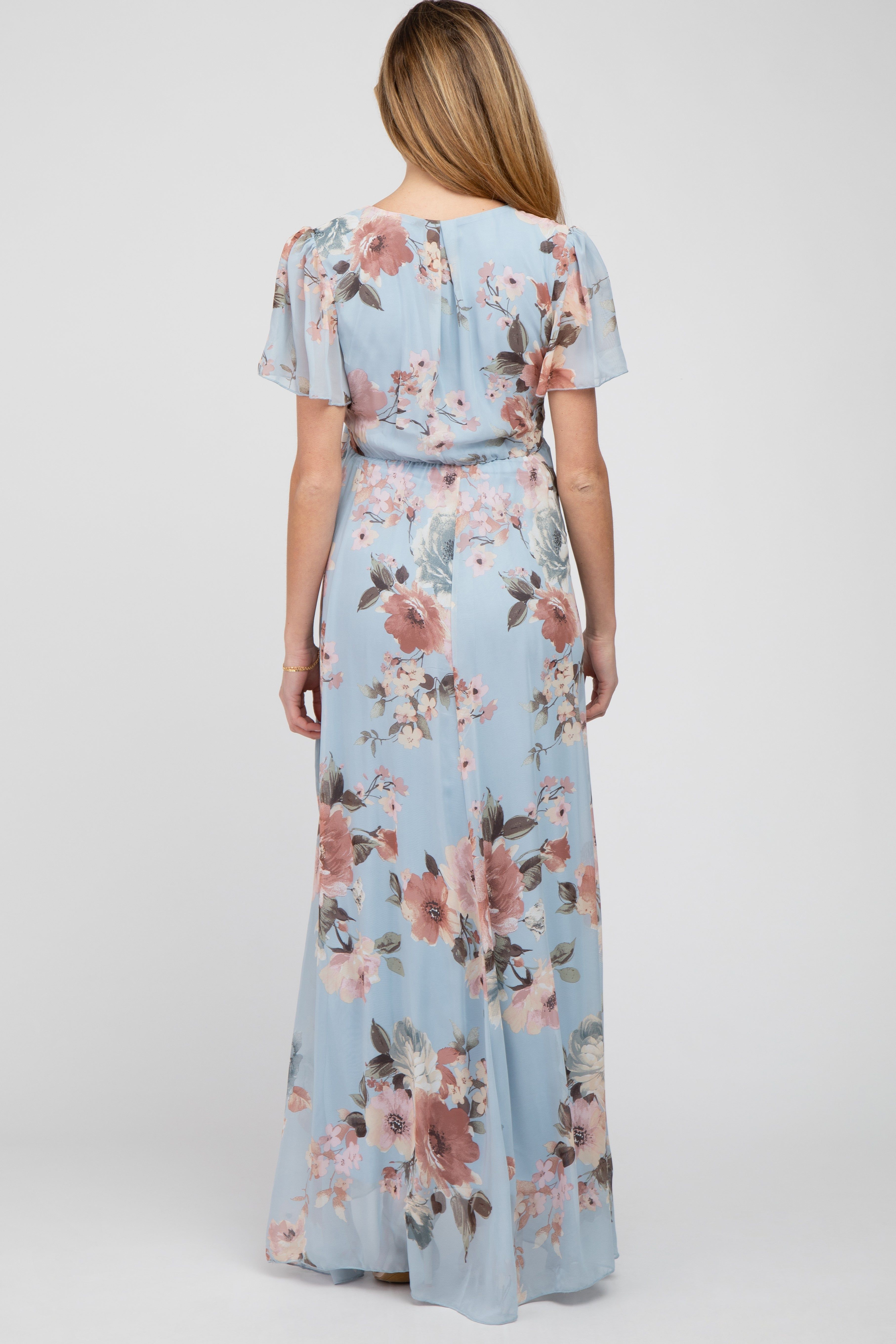 Light Blue Floral Chiffon Wrap Front Short Sleeve Maternity Maxi Dress sold by Pinkblush product image thumbnail 3