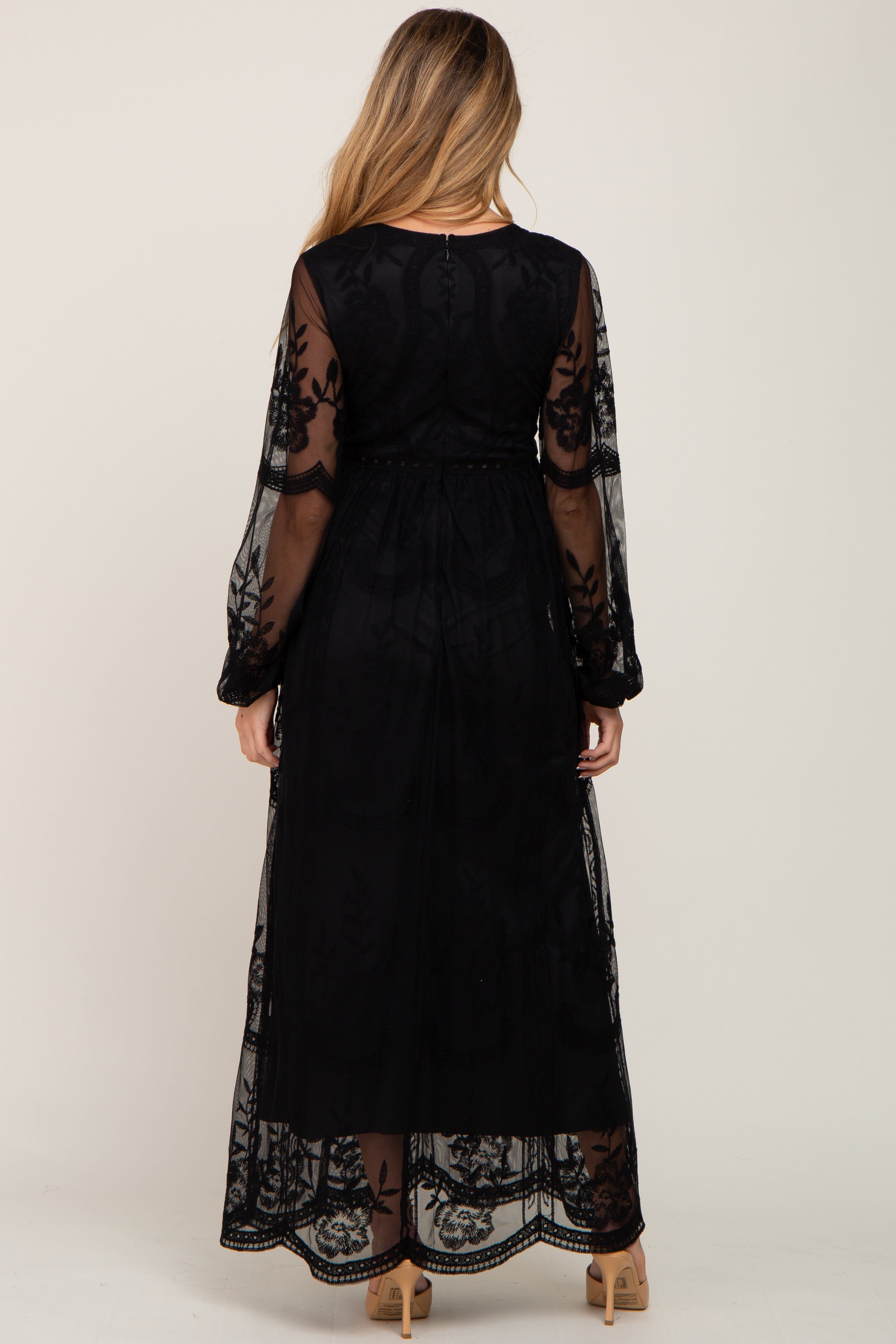 PinkBlush Black Lace Mesh Overlay Long Sleeve Maternity Maxi Dress sold by Pinkblush product image thumbnail 3