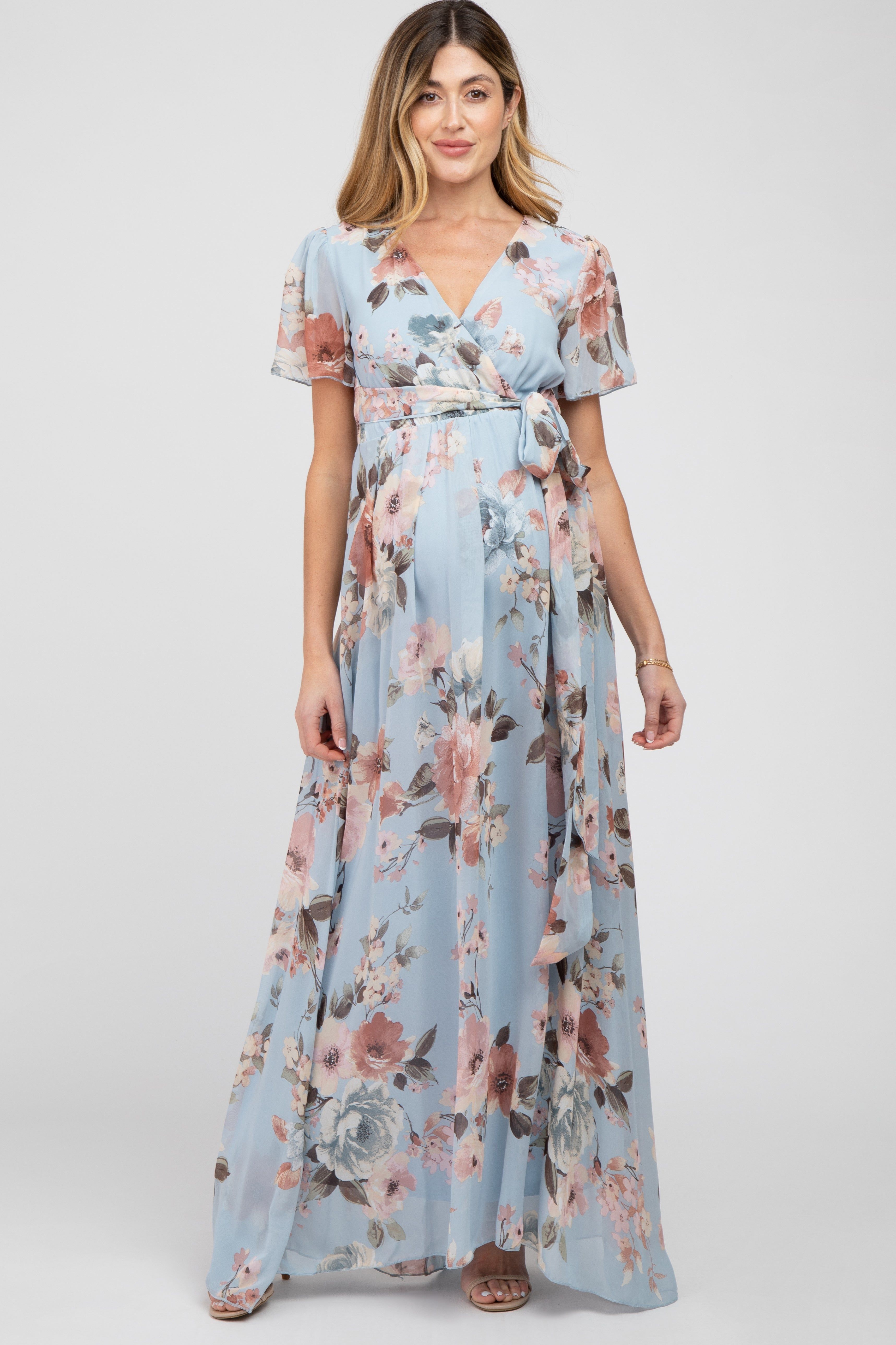 Light Blue Floral Chiffon Wrap Front Short Sleeve Maternity Maxi Dress sold by Pinkblush