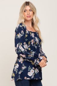 Navy Floral Smocked Long Sleeve Blouse sold by Pinkblush