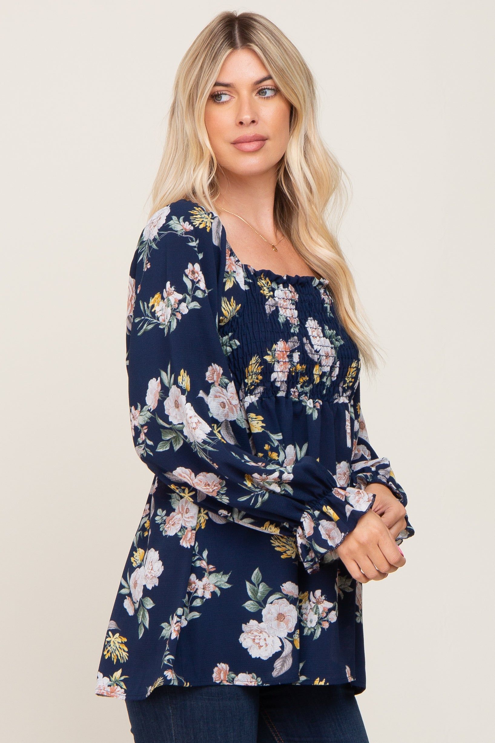 Navy Floral Smocked Long Sleeve Blouse sold by Pinkblush product image thumbnail 2