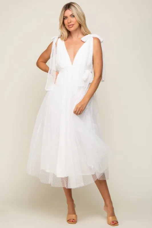 Ivory Dotted Tulle Deep V-Neck Shoulder Tie Midi Dress sold by Pinkblush