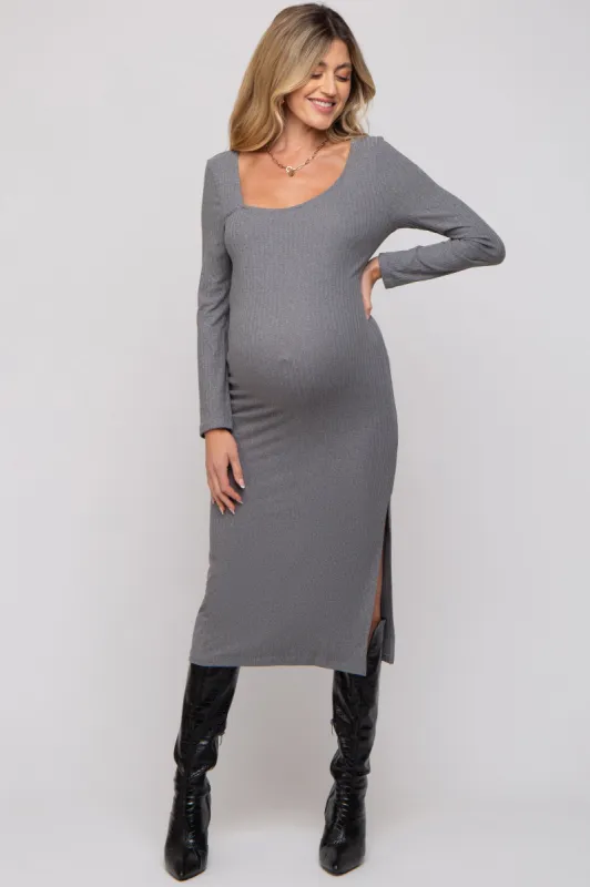 Charcoal Ribbed Side Slit Maternity Midi Dress sold by Pinkblush