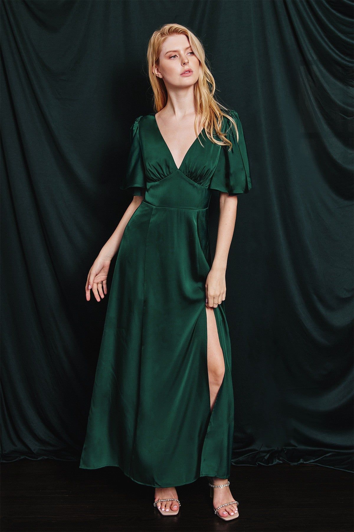 Hunter Green Satin Flutter Sleeve Plunging Maxi Dress sold by Pinkblush