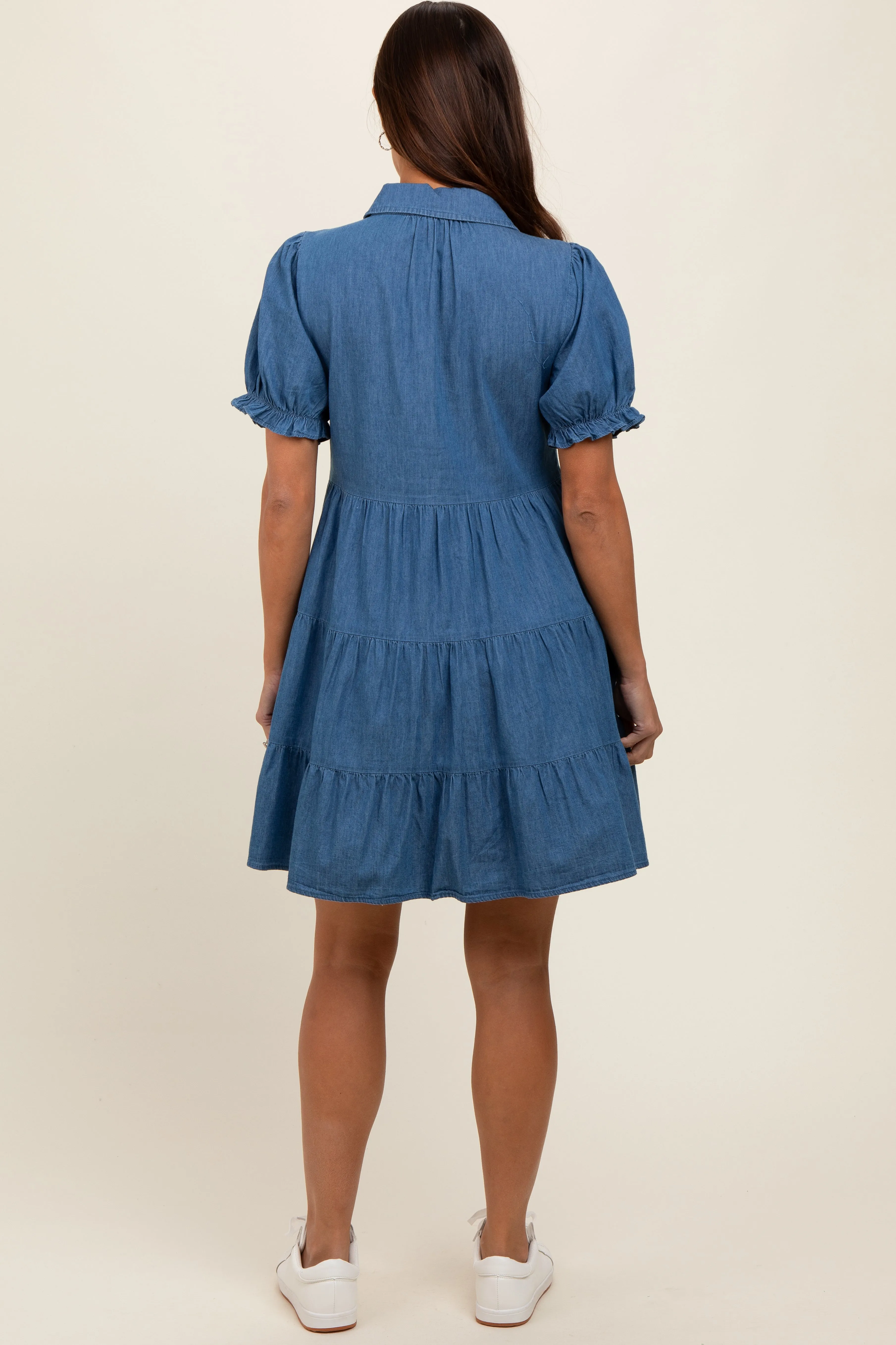 Blue Chambray Puff Sleeve Button Down Maternity Dress sold by Pinkblush product image thumbnail 3