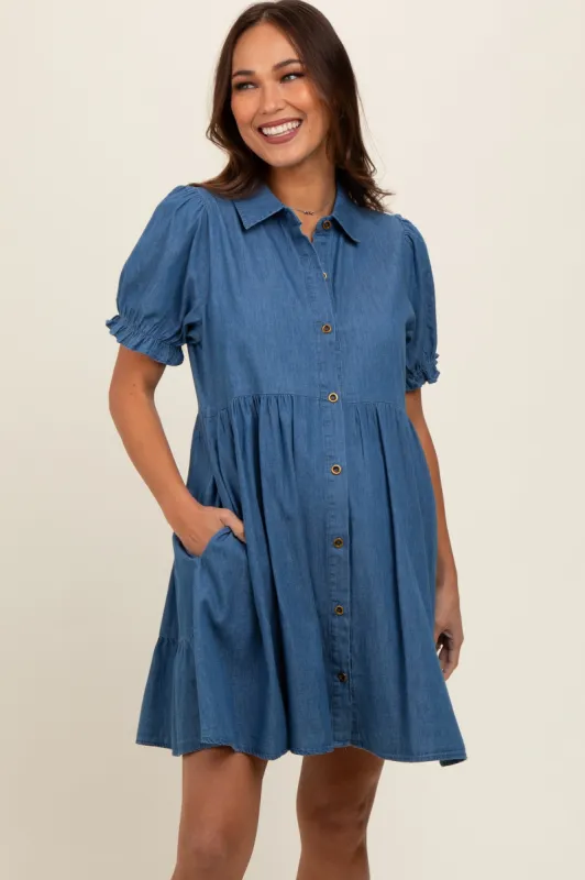 Blue Chambray Puff Sleeve Button Down Maternity Dress sold by Pinkblush