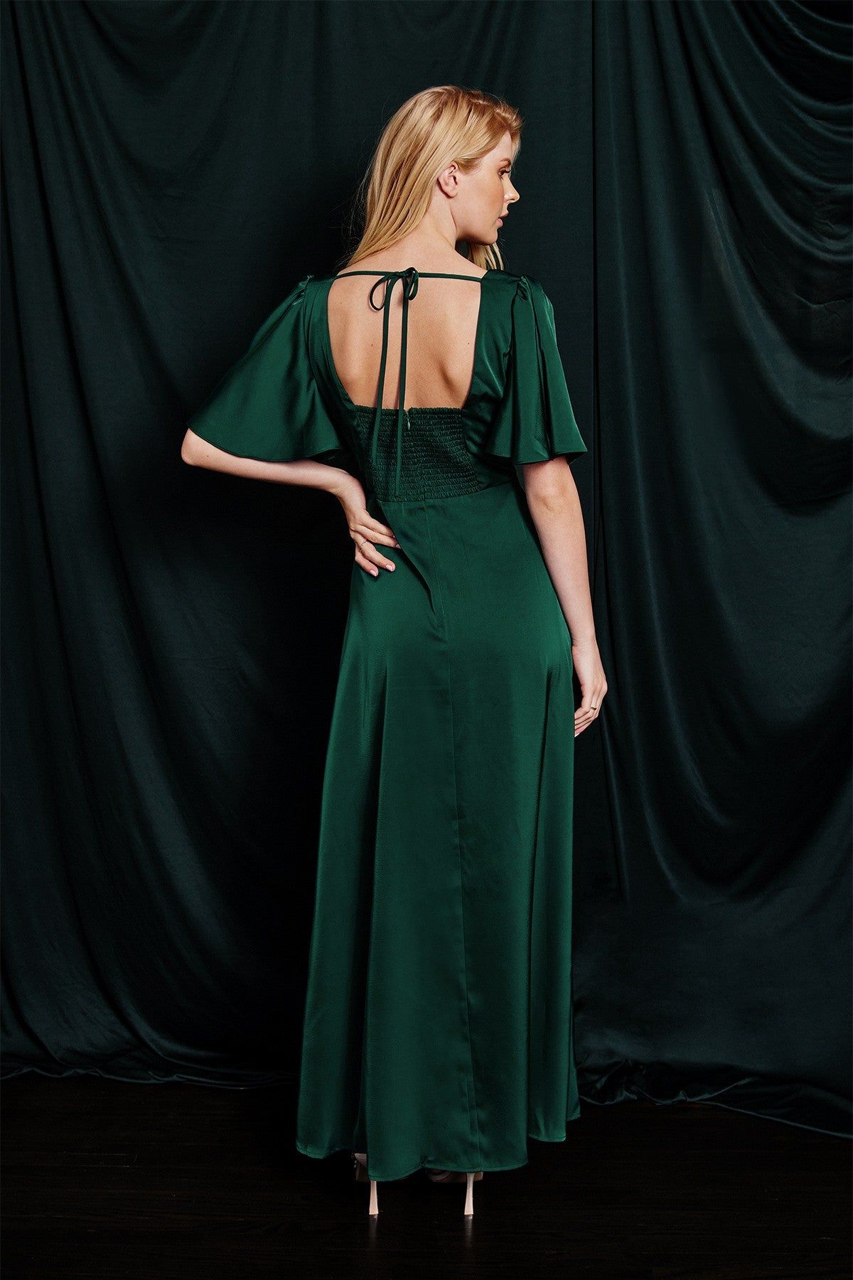 Hunter Green Satin Flutter Sleeve Plunging Maxi Dress sold by Pinkblush product image thumbnail 3