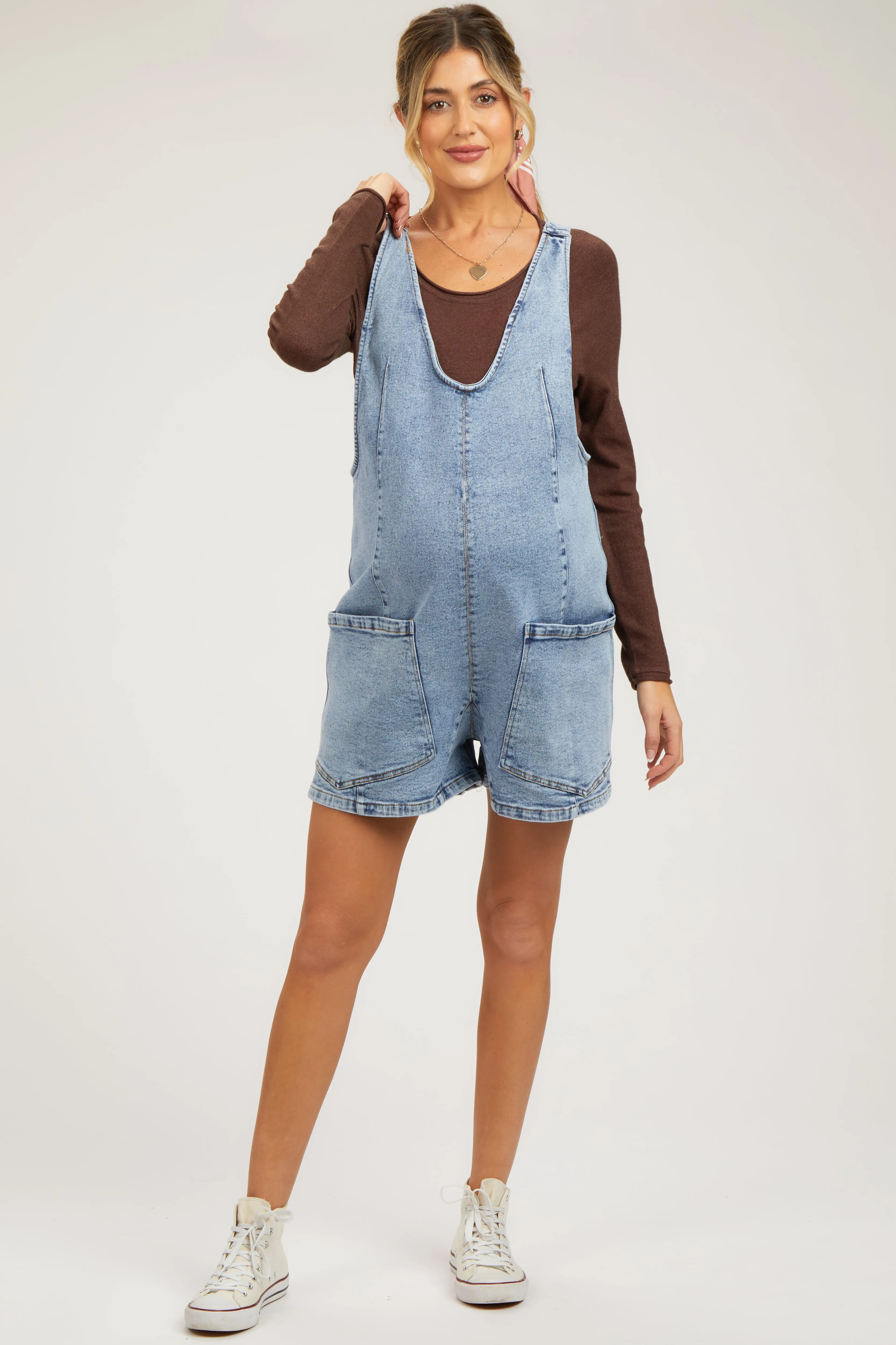 Light Blue Denim Scoop Neck Maternity Short Overall sold by Pinkblush