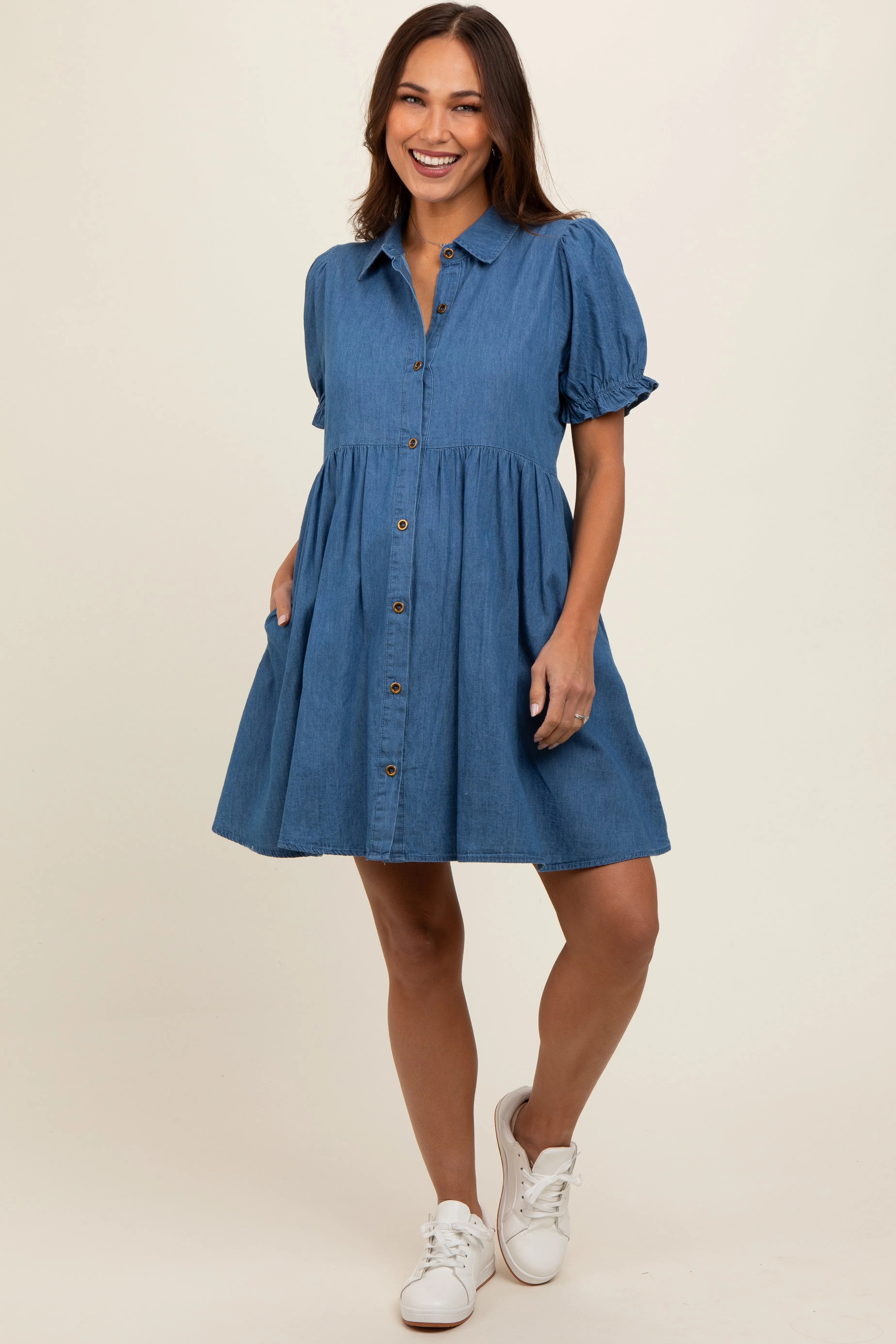 Blue Chambray Puff Sleeve Button Down Maternity Dress sold by Pinkblush product image thumbnail 2