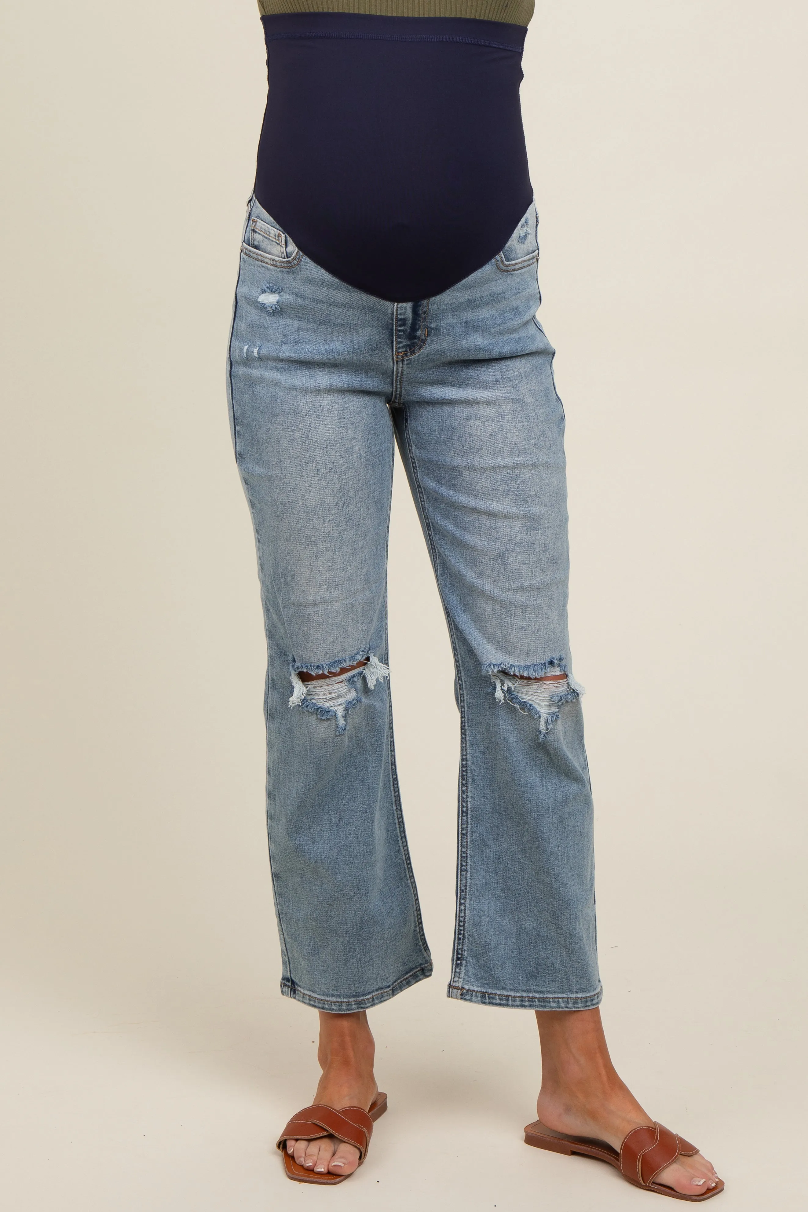 Blue Open Knee Ankle Straight Leg Maternity Jeans sold by Pinkblush product image thumbnail 3