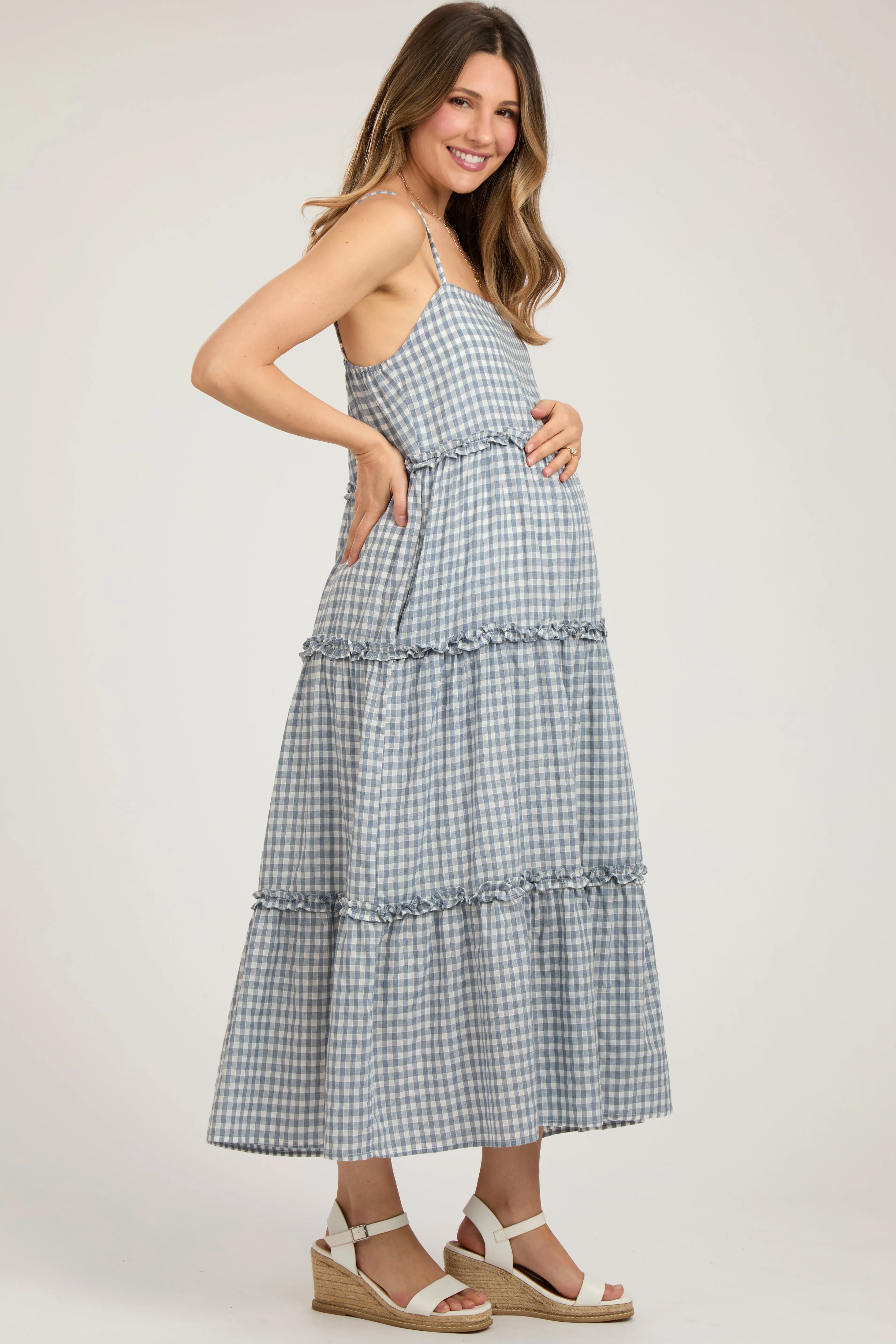 Blue Gingham Ruffle Tiered Maternity Midi Dress sold by Pinkblush product image thumbnail 3