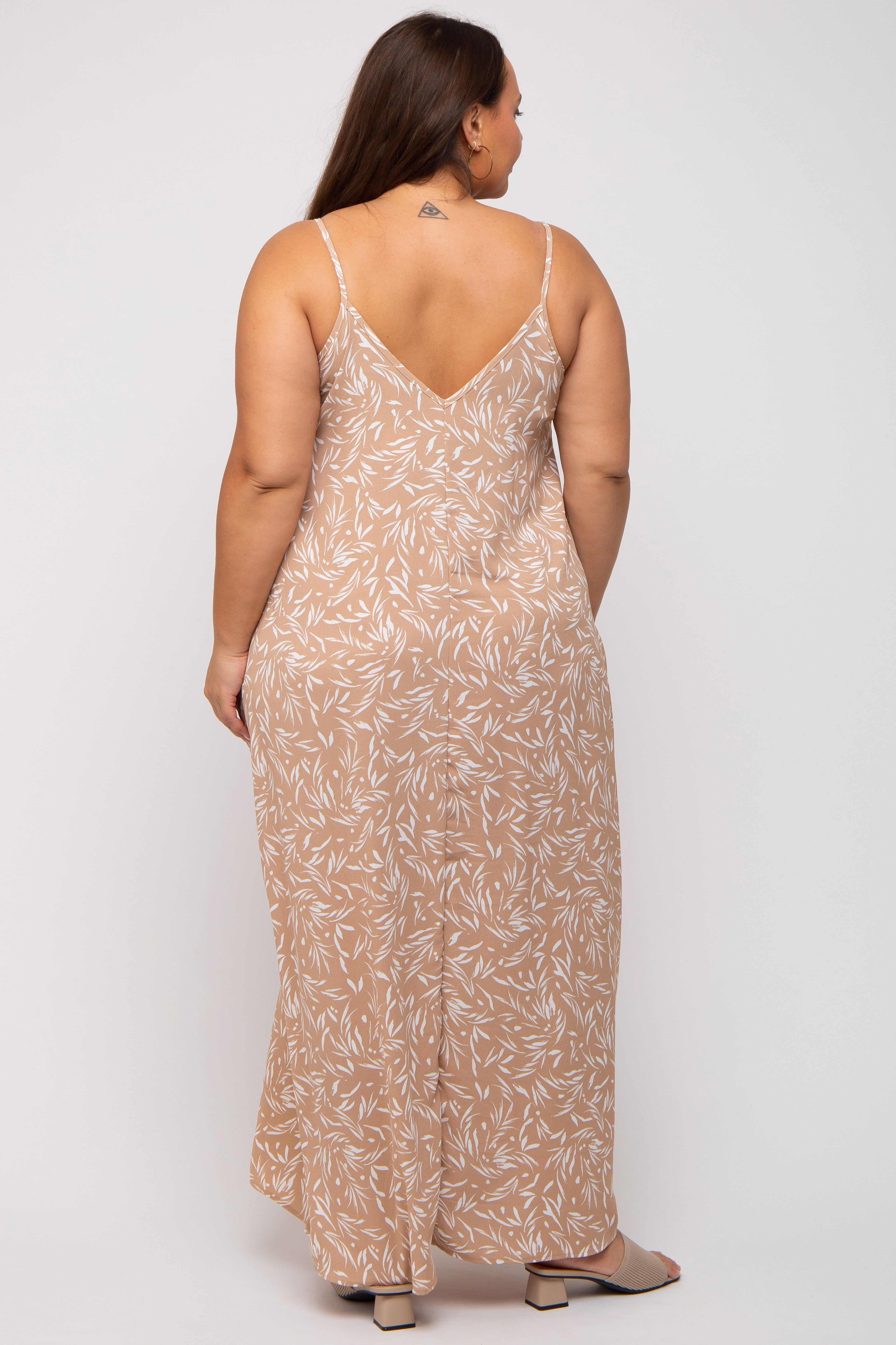 Taupe Leaf Print Double V-Neck Plus Maxi Dress sold by Pinkblush product image thumbnail 3
