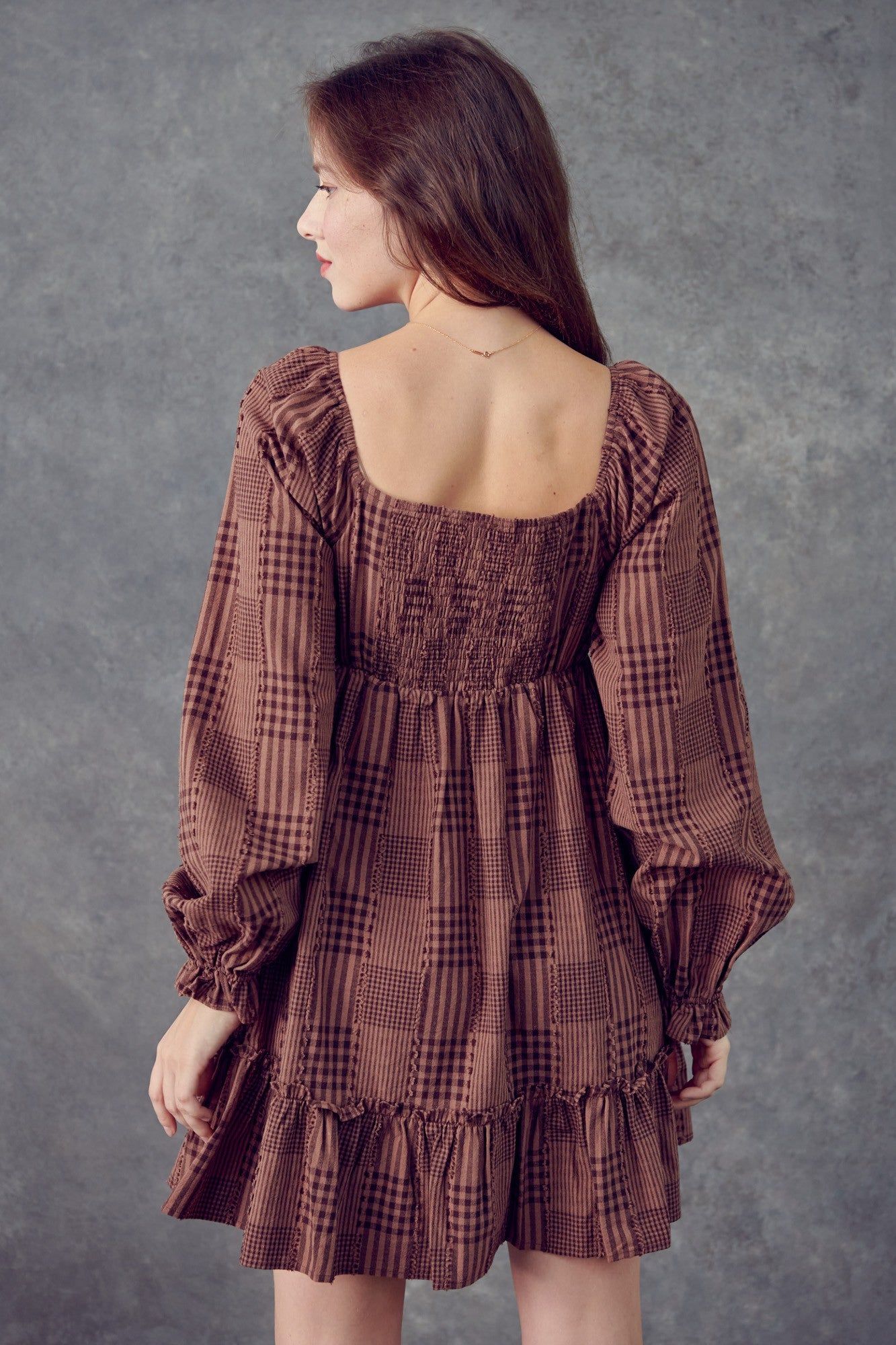 Mocha Brown Plaid Smocked Bodice Long Sleeve Dress sold by Pinkblush product image thumbnail 3